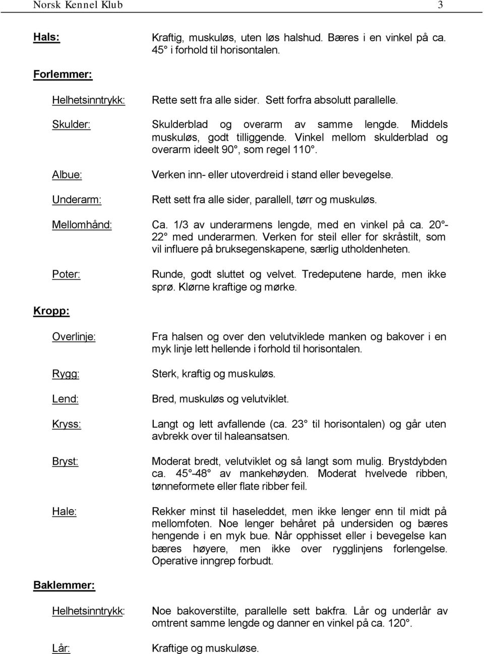 Verken inn- eller utoverdreid i stand eller bevegelse. Rett sett fra alle sider, parallell, tørr og muskuløs. Mellomhånd: Ca. 1/3 av underarmens lengde, med en vinkel på ca. 20-22 med underarmen.