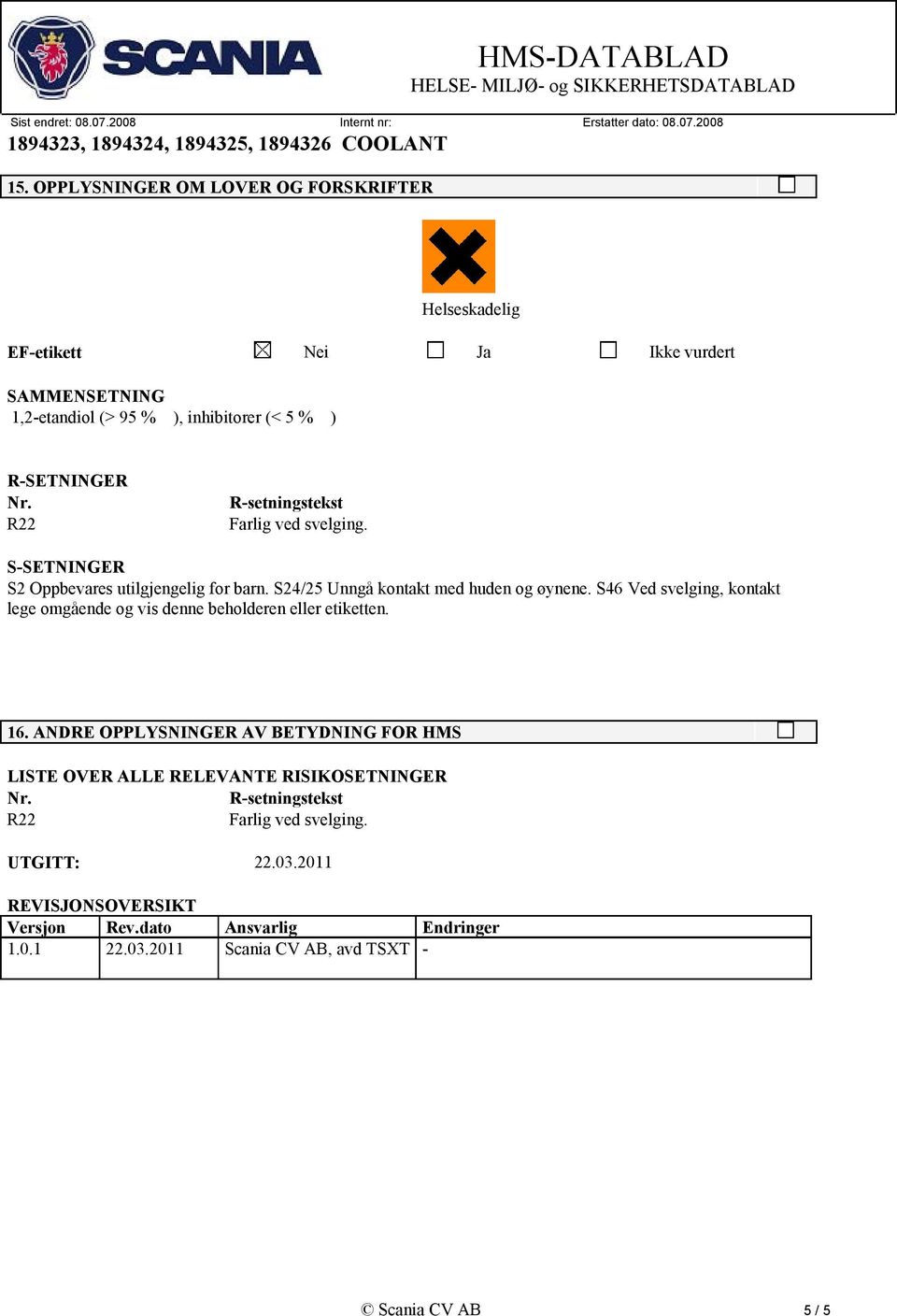 S46 Ved svelging, kontakt lege omgående og vis denne beholderen eller etiketten. 16.