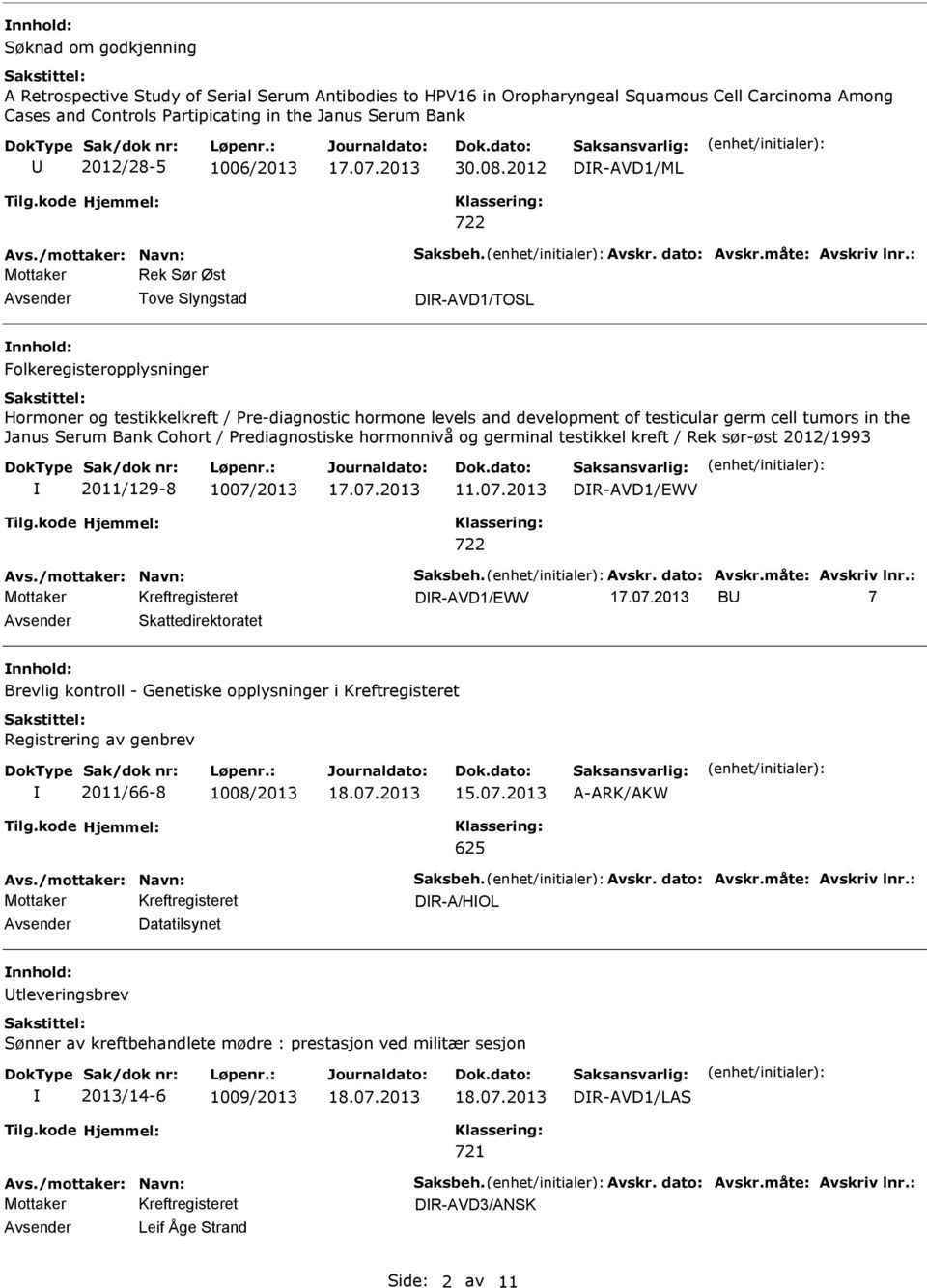 : Mottaker Rek Sør Øst Tove Slyngstad DR-AVD1/TOSL Folkeregisteropplysninger Hormoner og testikkelkreft / Pre-diagnostic hormone levels and development of testicular germ cell tumors in the Janus