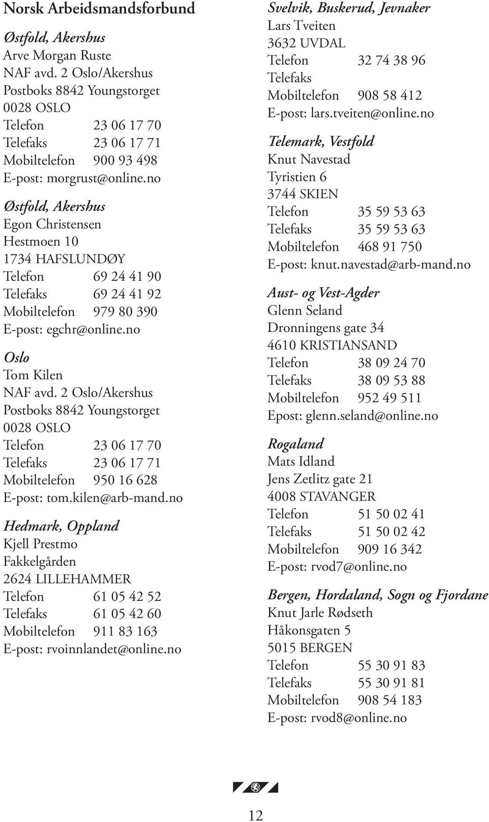 no Østfold, Akershus Egon Christensen Hestmoen 10 1734 HAFSLUNDØY Telefon 69 24 41 90 Telefaks 69 24 41 92 Mobiltelefon 979 80 390 E-post: egchr@online.no Oslo Tom Kilen NAF avd.