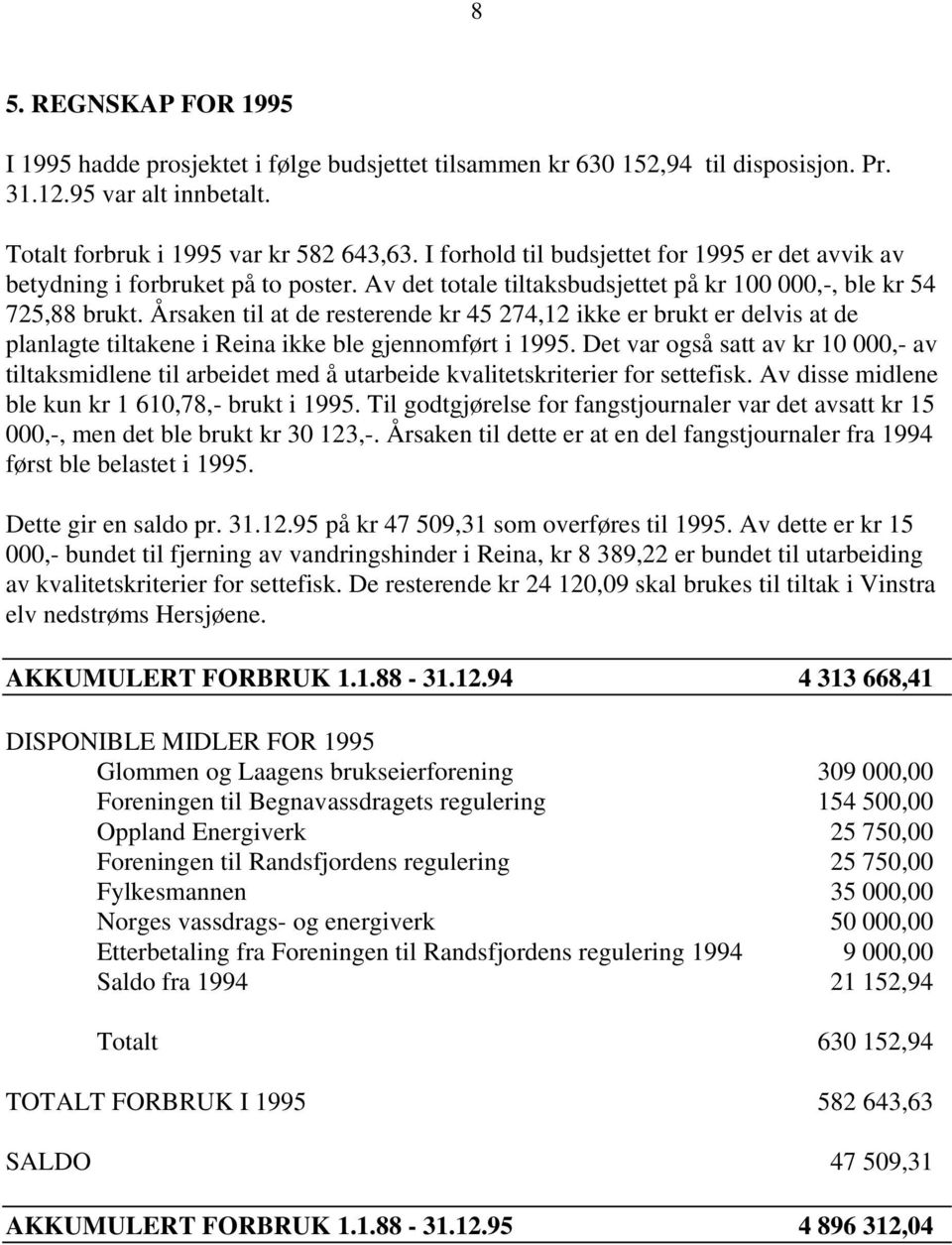 Årsaken til at de resterende kr 45 274,12 ikke er brukt er delvis at de planlagte tiltakene i Reina ikke ble gjennomført i 1995.