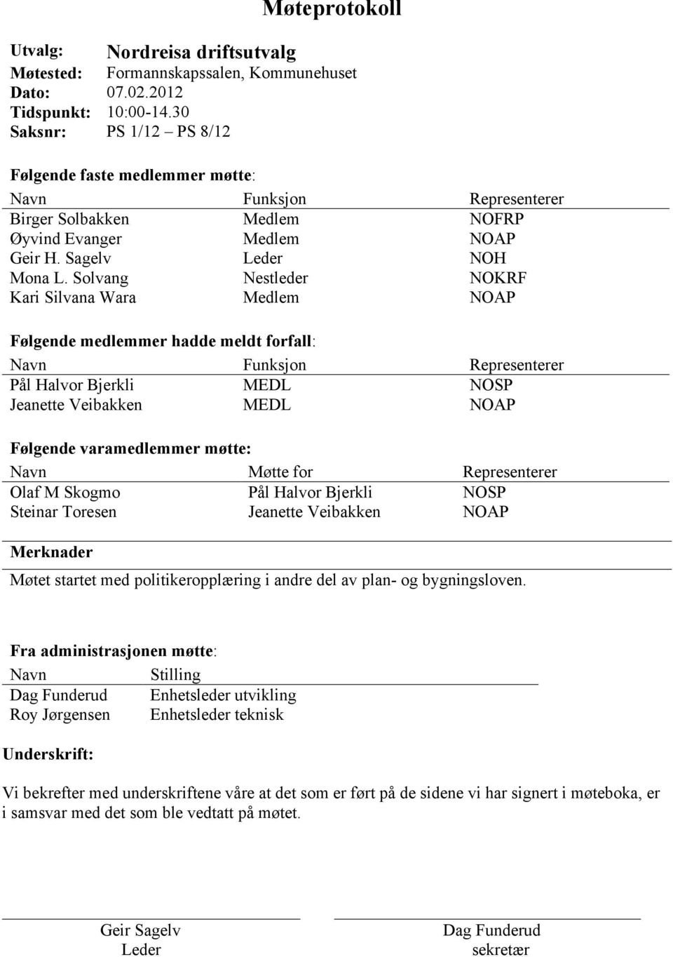 Solvang Nestleder NOKRF Kari Silvana Wara Medlem NOAP Følgende medlemmer hadde meldt forfall: Navn Funksjon Representerer Pål Halvor Bjerkli MEDL NOSP Jeanette Veibakken MEDL NOAP Følgende