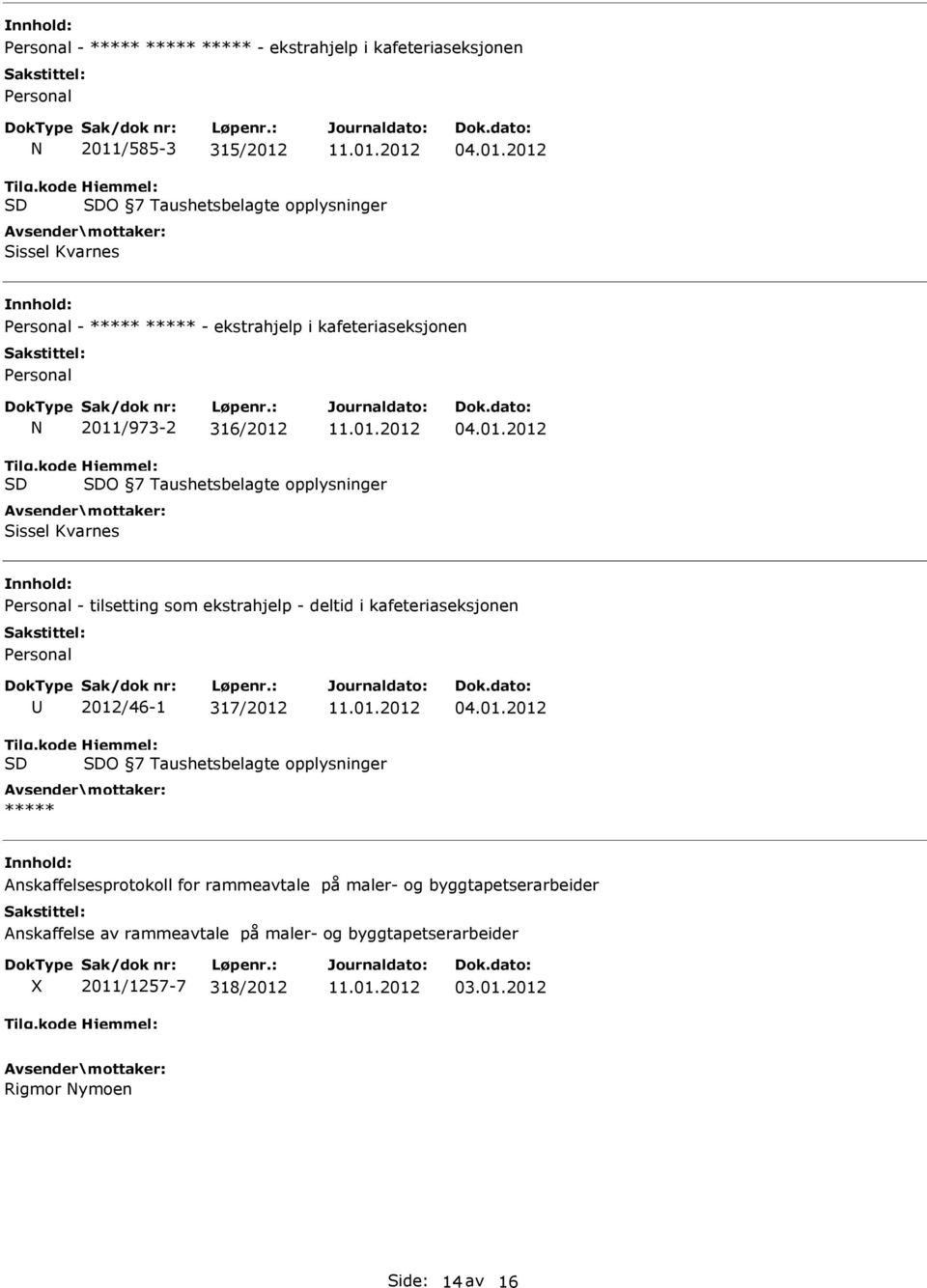 ekstrahjelp - deltid i kafeteriaseksjonen Personal 2012/46-1 317/2012 O 7 Taushetsbelagte opplysninger Anskaffelsesprotokoll for rammeavtale