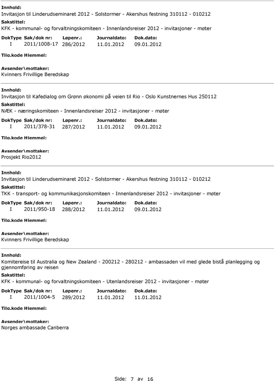 287/2012 Prosjekt Rio2012 nvitasjon til Linderudseminaret 2012 - Solstormer - Akershus festning 310112-010212 TKK - transport- og kommunikasjonskomiteen - nnenlandsreiser 2012 - invitasjoner - møter