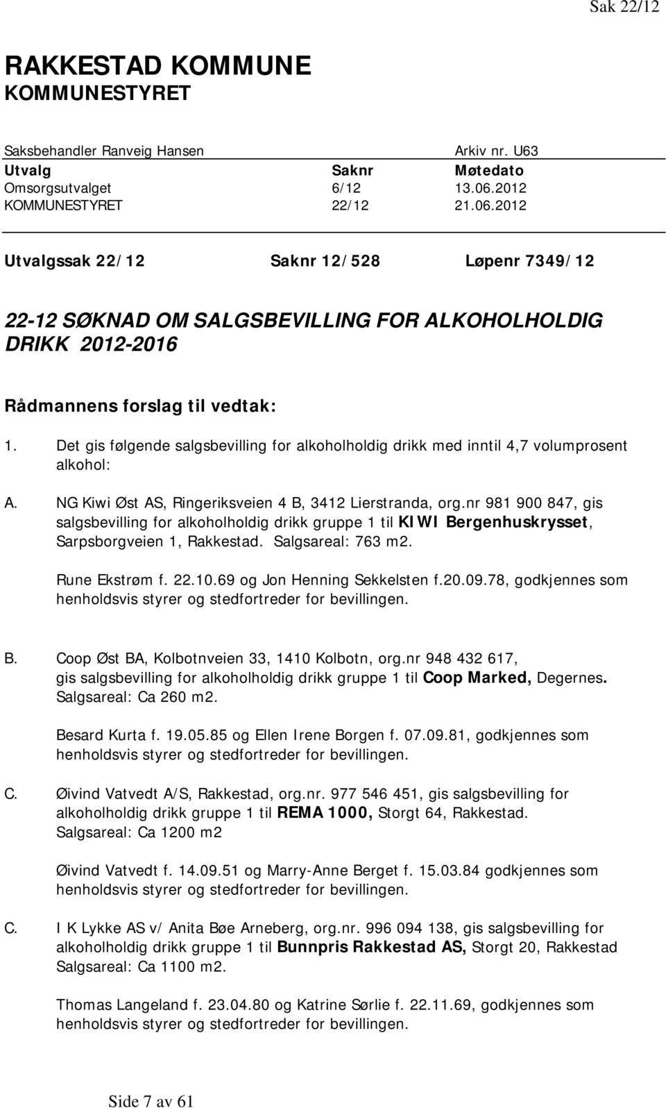 Det gis følgende salgsbevilling for alkoholholdig drikk med inntil 4,7 volumprosent alkohol: A. NG Kiwi Øst AS, Ringeriksveien 4 B, 3412 Lierstranda, org.