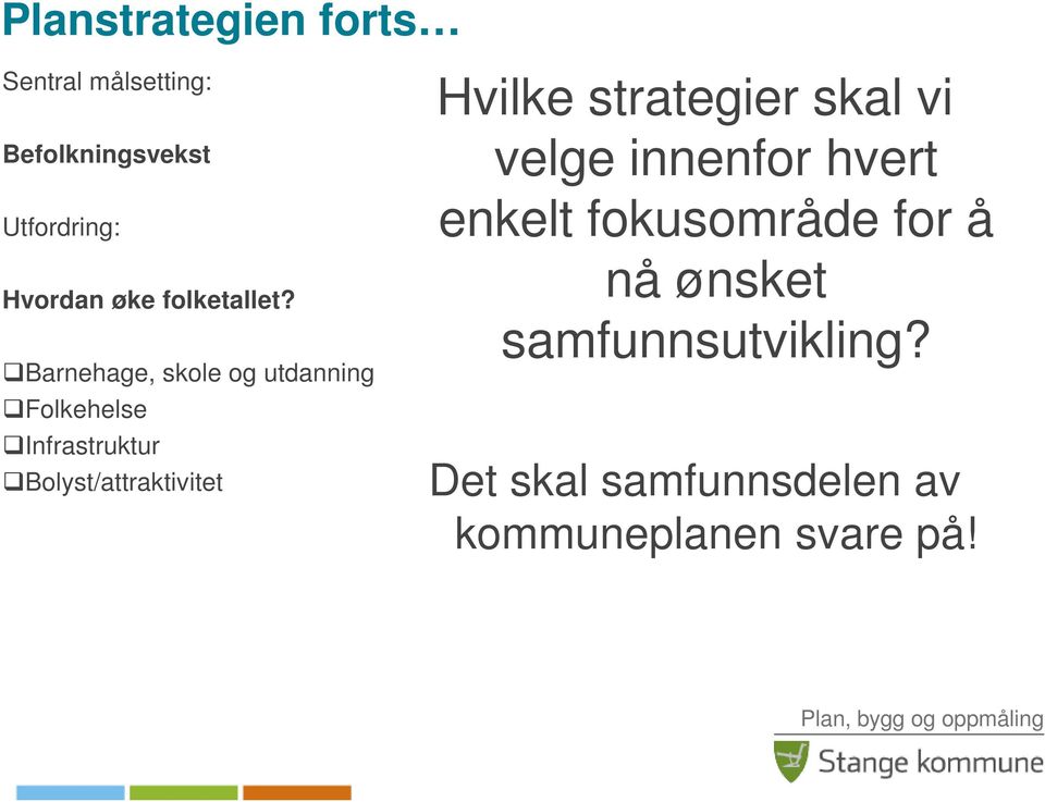 Barnehage, skole og utdanning Folkehelse Infrastruktur Bolyst/attraktivitet