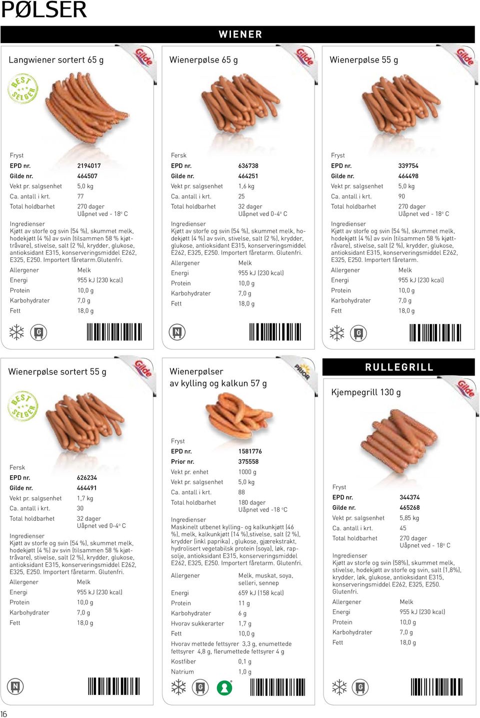 antioksidant E315, konserveringsmiddel E262, E325, E250. Importert fåretarm.lutenfri. Melk 955 kj (230 kcal) 10,0 g Karbohydrater 7,0 g 18,0 g EPD nr. 636738 ilde nr. 464251 Vekt pr.