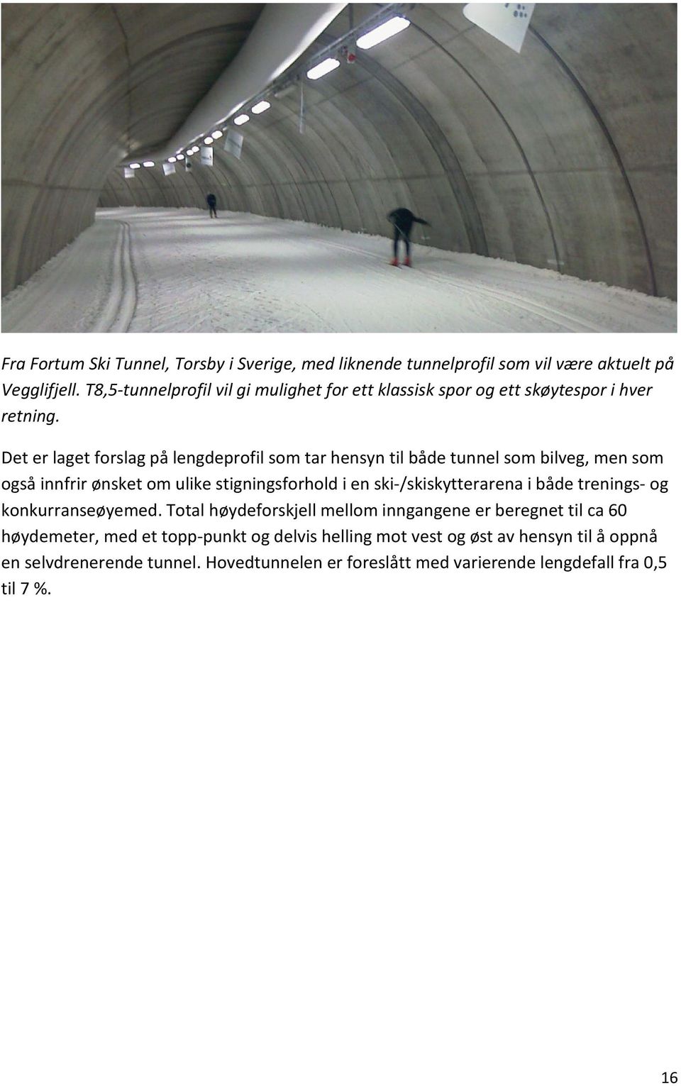 Det er laget forslag på lengdeprofil som tar hensyn til både tunnel som bilveg, men som også innfrir ønsket om ulike stigningsforhold i en ski-/skiskytterarena