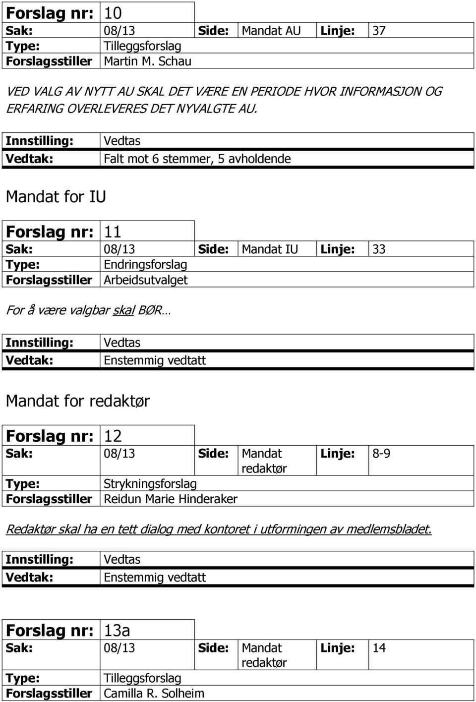 Falt mot 6 stemmer, 5 avholdende Mandat for IU Forslag nr: 11 Sak: 08/13 Side: Mandat IU Linje: 33 Forslagsstiller For å være valgbar skal BØR Mandat for