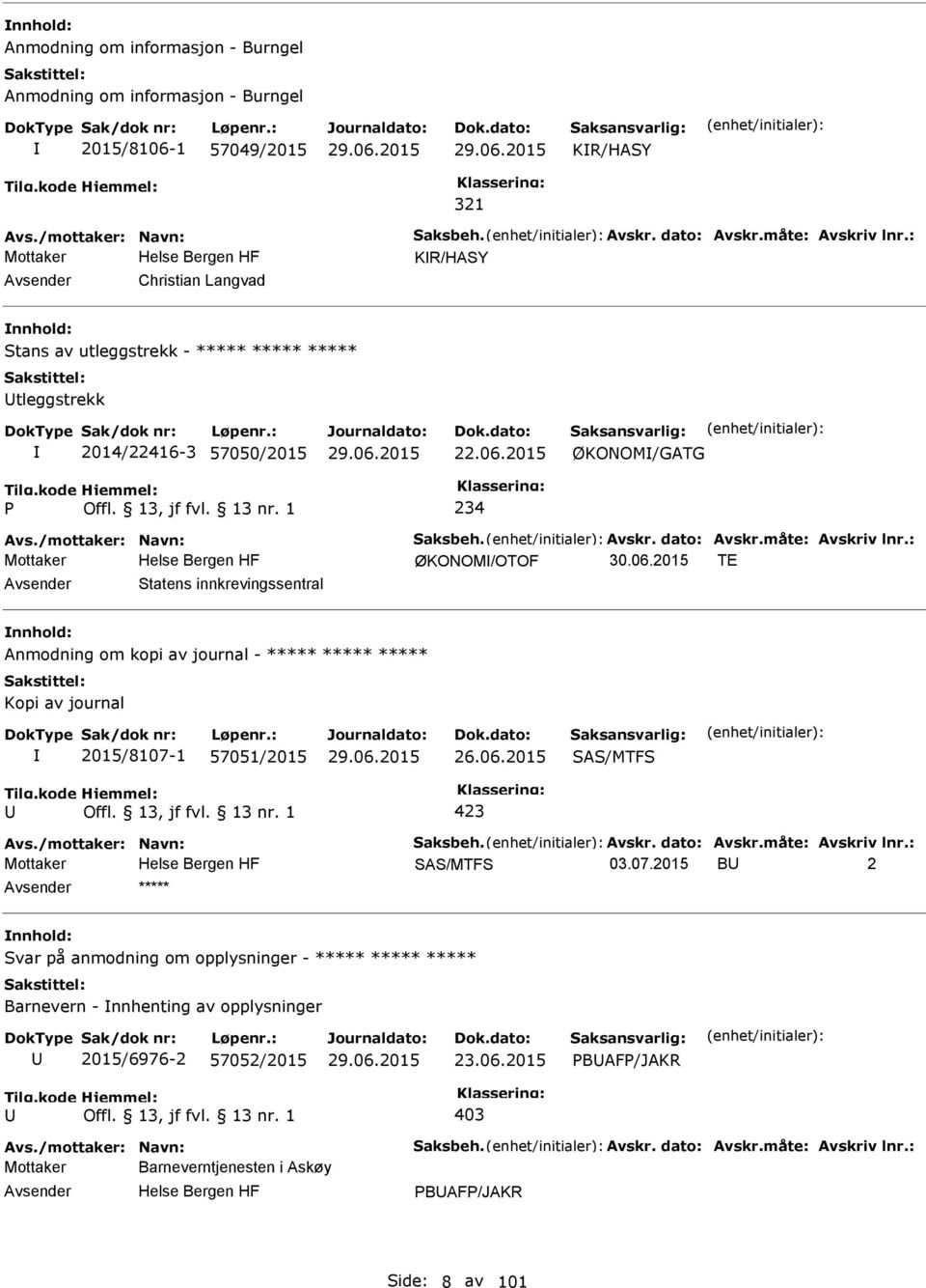 : Mottaker ØKONOM/OTOF 30.06.2015 TE Statens innkrevingssentral Anmodning om kopi av journal - Kopi av journal 2015/8107-1 57051/2015 26.06.2015 SAS/MTFS 423 Avs./mottaker: Navn: Saksbeh. Avskr.