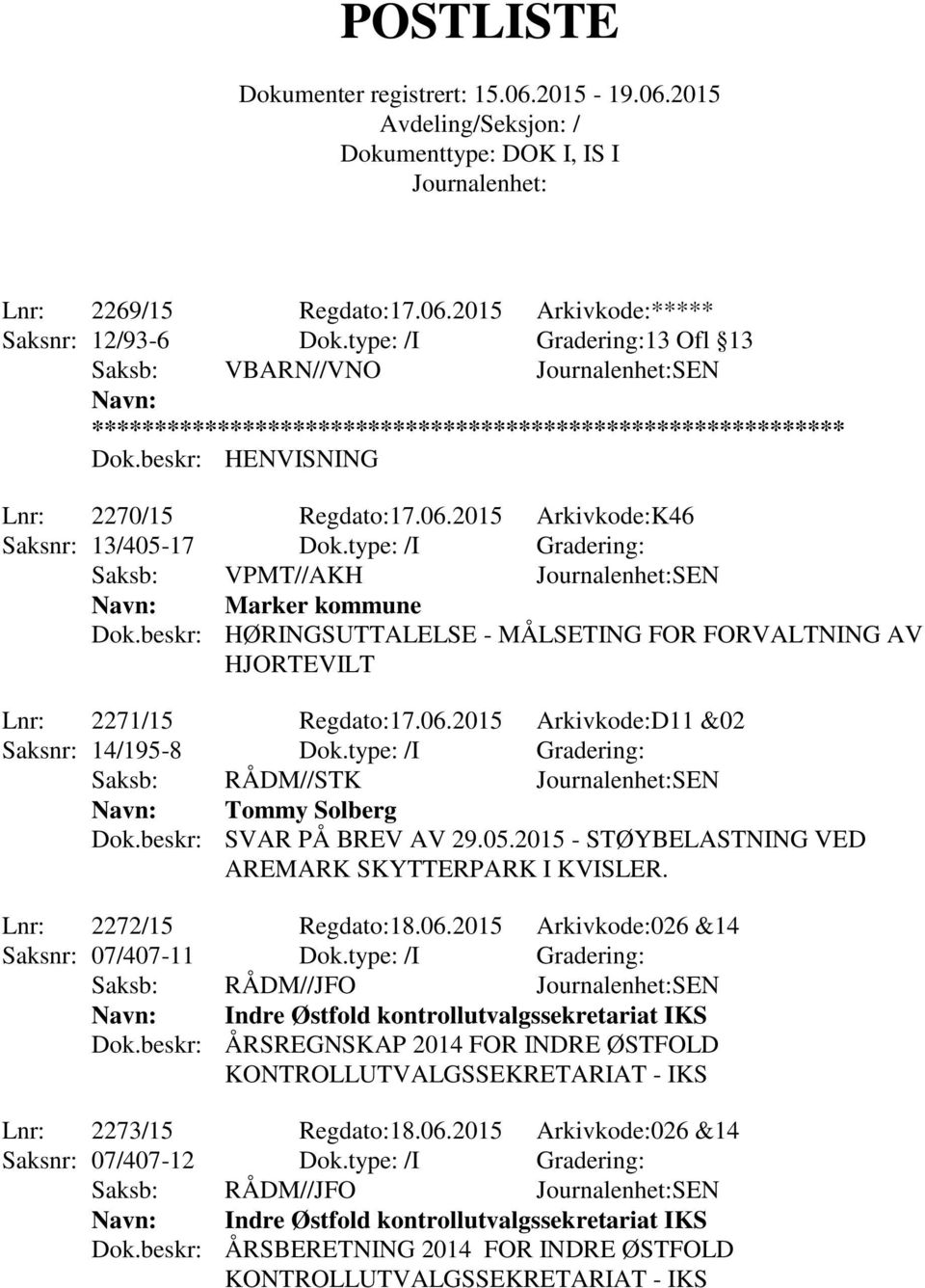 beskr: HØRINGSUTTALELSE - MÅLSETING FOR FORVALTNING AV HJORTEVILT Lnr: 2271/15 Regdato:17.06.2015 Arkivkode:D11 &02 Saksnr: 14/195-8 Dok.