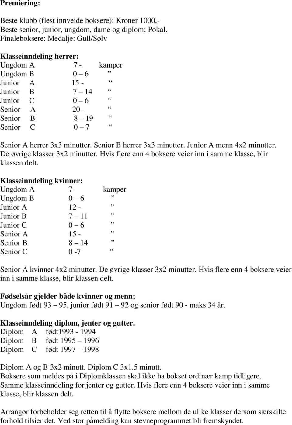 Senior B herrer 3x3 minutter. Junior menn 4x2 minutter. De øvrige klasser 3x2 minutter. Hvis flere enn 4 boksere veier inn i samme klasse, blir klassen delt.