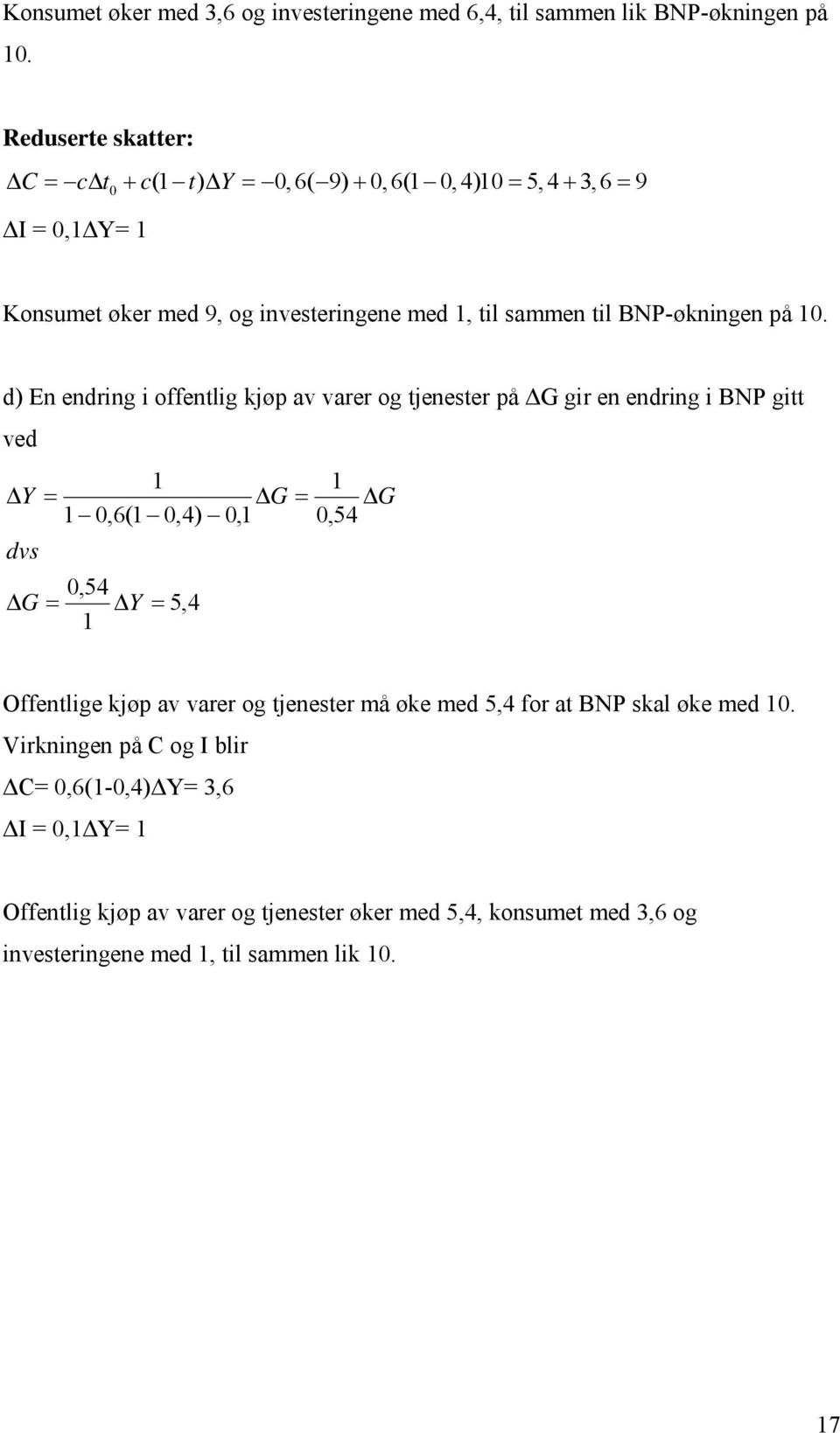 d) En endring i offentlig kjøp av varer og tjenester på ΔG gir en endring i BNP gitt ved 1 Y G 1 0,6(1 0,4) 0,1 dvs 0,54 G Y 5,4 1 1 0,54 G Offentlige kjøp av