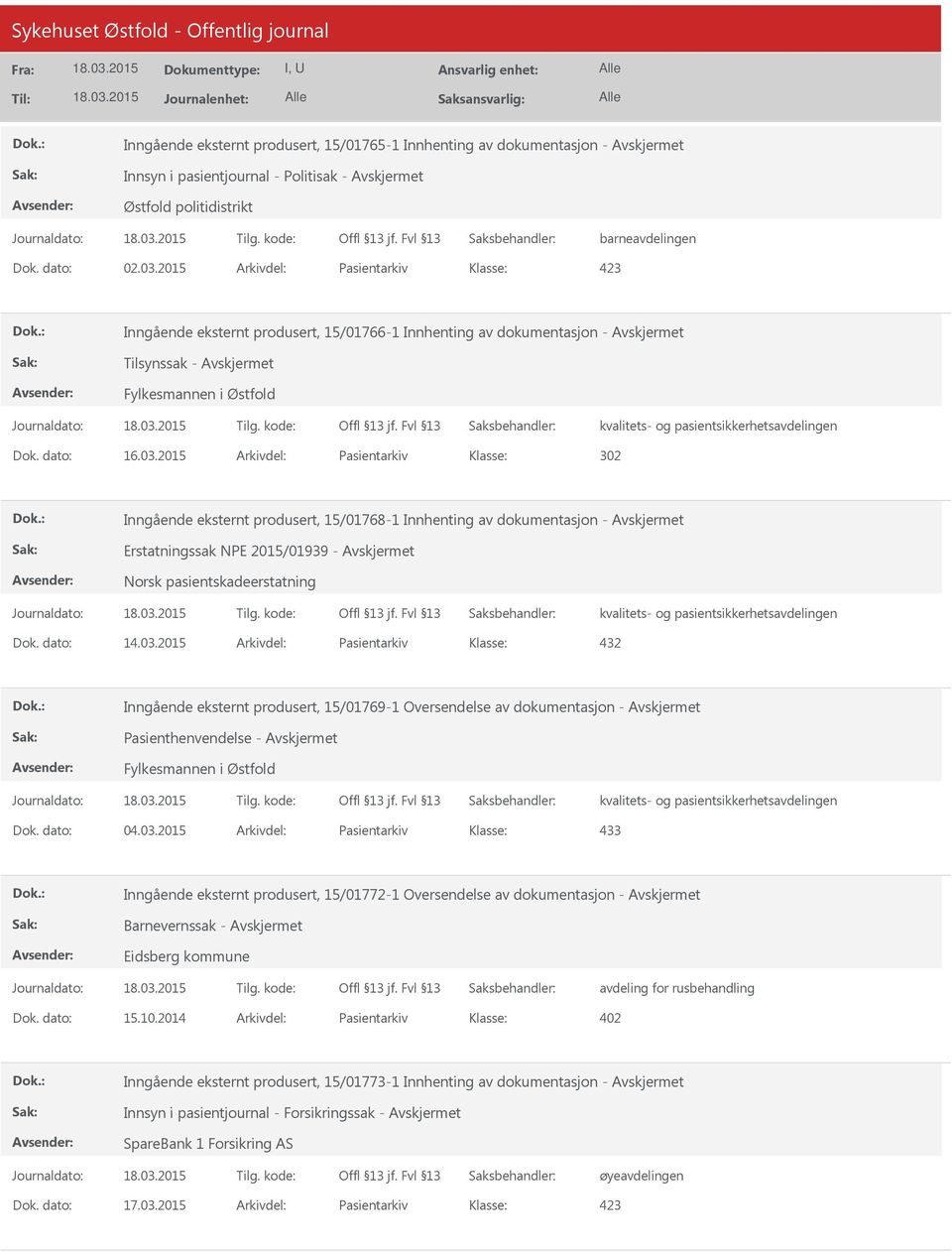 2015 Arkivdel: Pasientarkiv 302 Inngående eksternt produsert, 15/01768-1 Innhenting av dokumentasjon - Avskjermet Erstatningssak NPE 2015/01939 - Avskjermet Dok. dato: 14.03.