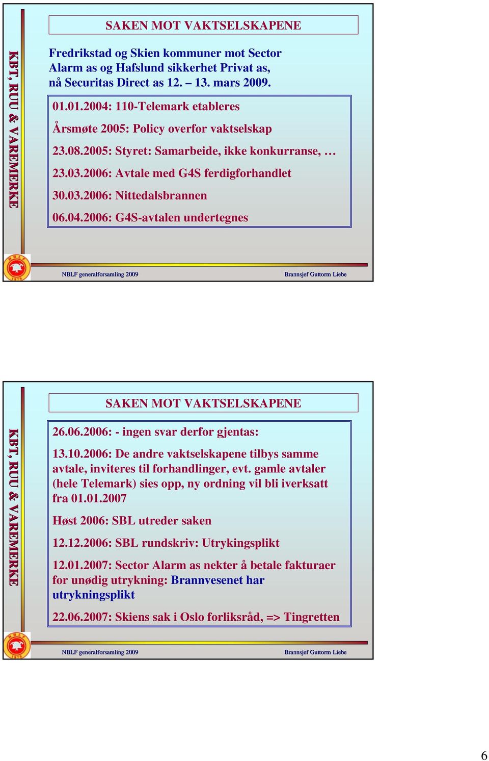 04.2006: G4S-avtalen undertegnes SAKEN MOT VAKTSELSKAPENE 26.06.2006: - ingen svar derfor gjentas: 13.10.2006: De andre vaktselskapene tilbys samme avtale, inviteres til forhandlinger, evt.