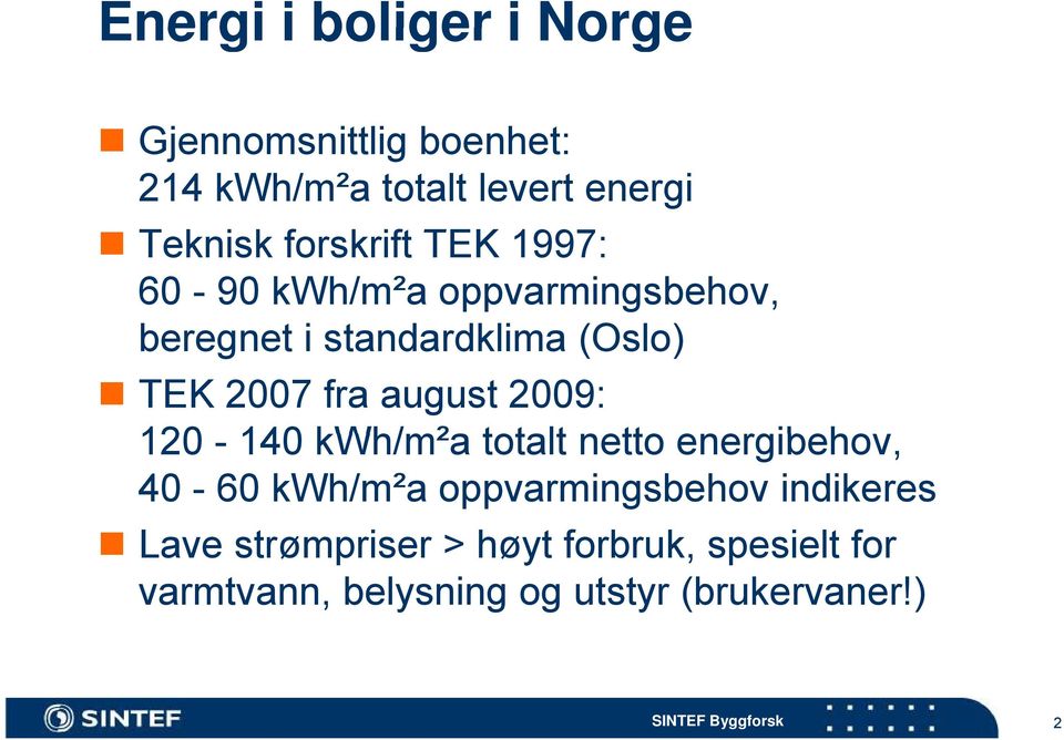 august 2009: 120-140 kwh/m²a totalt netto energibehov, 40-60 kwh/m²a oppvarmingsbehov indikeres