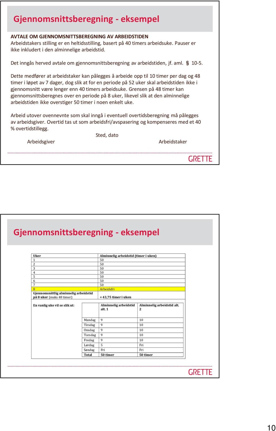 Dette medfører at arbeidstaker kan pålegges å arbeide opp til 10 timer per dag og 48 timer i løpet av 7 dager, dog slik at for en periode på 52 uker skal arbeidstiden ikke i gjennomsnitt være lenger