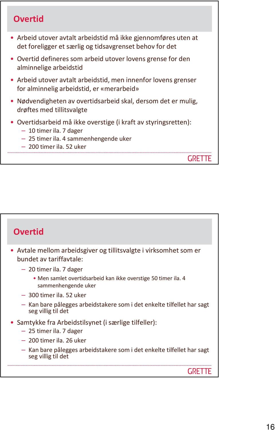 Overtidsarbeid må ikke overstige (i kraft av styringsretten): 10 timer ila. 7 dager 25 timer ila. 4 sammenhengende uker 200 timer ila.