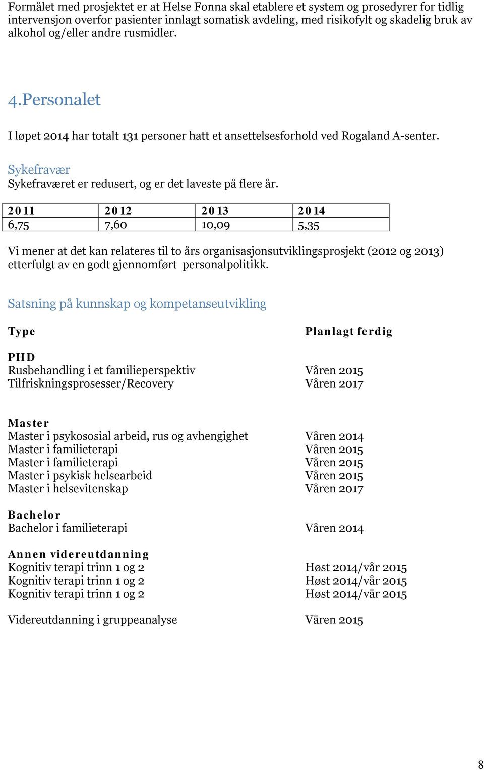 2011 2012 2013 2014 6,75 7,60 10,09 5,35 Vi mener at det kan relateres til to års organisasjonsutviklingsprosjekt (2012 og 2013) etterfulgt av en godt gjennomført personalpolitikk.