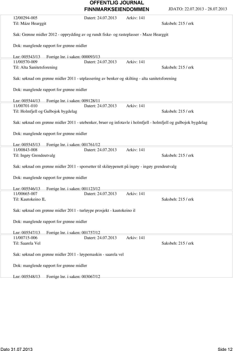 2013 Arkiv: 141 Til: Alta Sanitetsforening Sak: søknad om grønne midler 2011 - utplassering av benker og skilting - alta sanitetsforening Lnr: 005544/13 Forrige lnr.