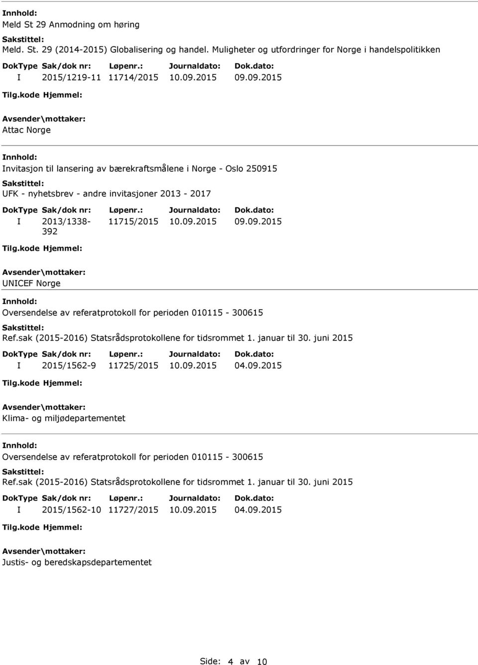 invitasjoner 2013-2017 2013/1338-392 11715/2015 NCEF Norge Oversendelse av referatprotokoll for perioden 010115-300615 Ref.sak (2015-2016) Statsrådsprotokollene for tidsrommet 1.