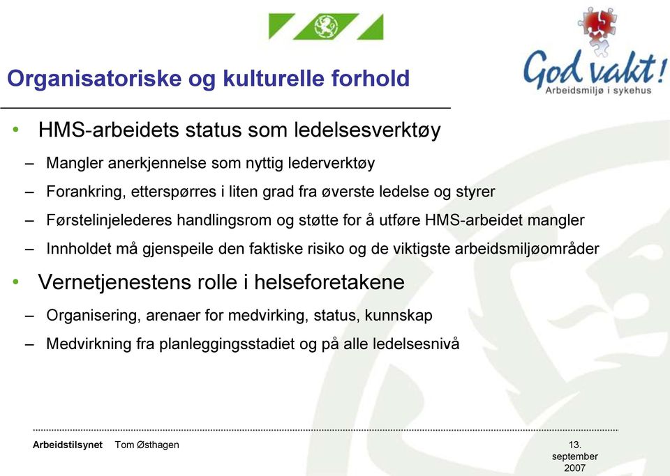 HMS-arbeidet mangler Innholdet må gjenspeile den faktiske risiko og de viktigste arbeidsmiljøområder Vernetjenestens rolle i