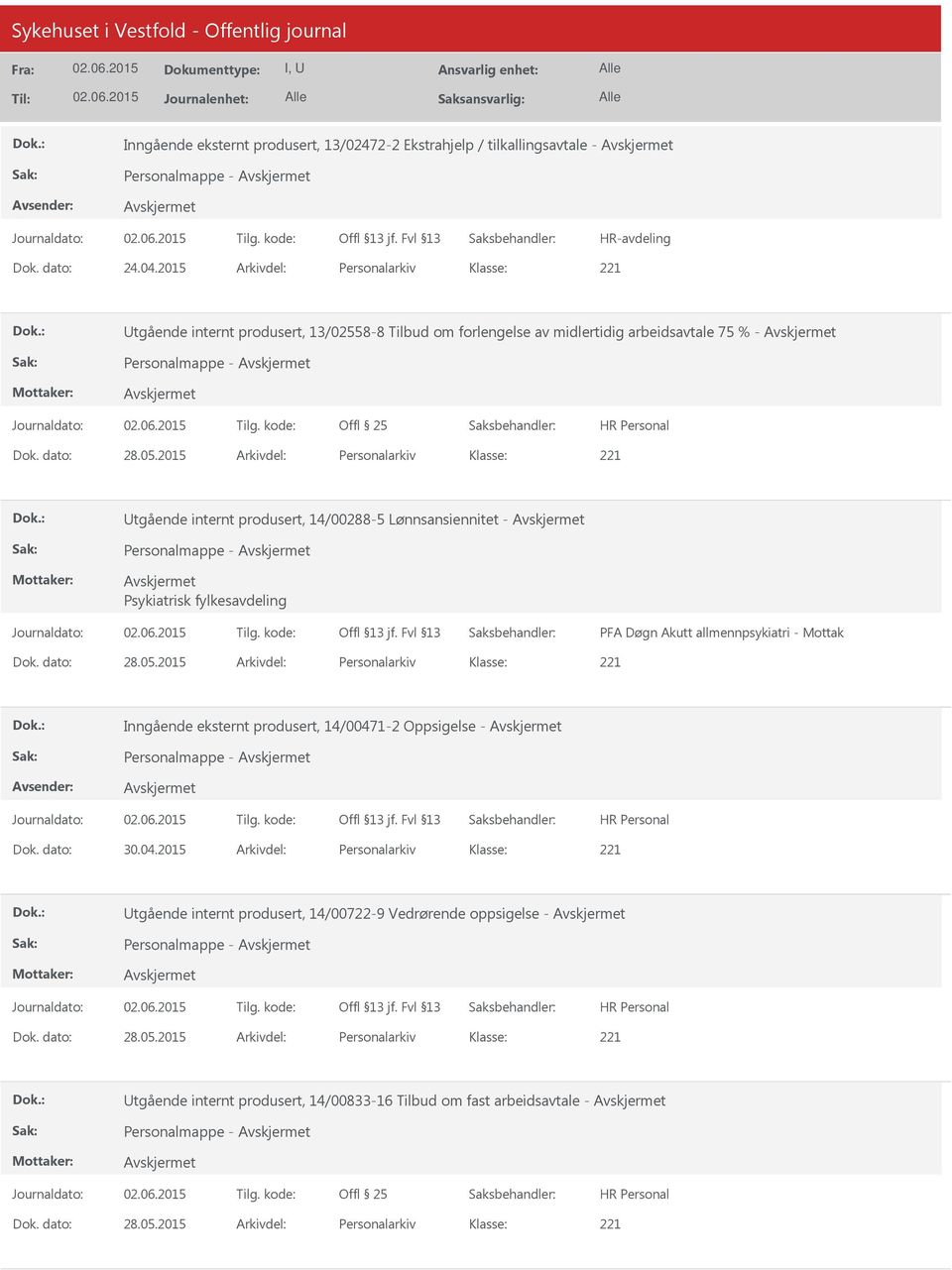 produsert, 14/00288-5 Lønnsansiennitet - Personalmappe - PFA Døgn Akutt allmennpsykiatri - Mottak Inngående eksternt produsert, 14/00471-2 Oppsigelse -