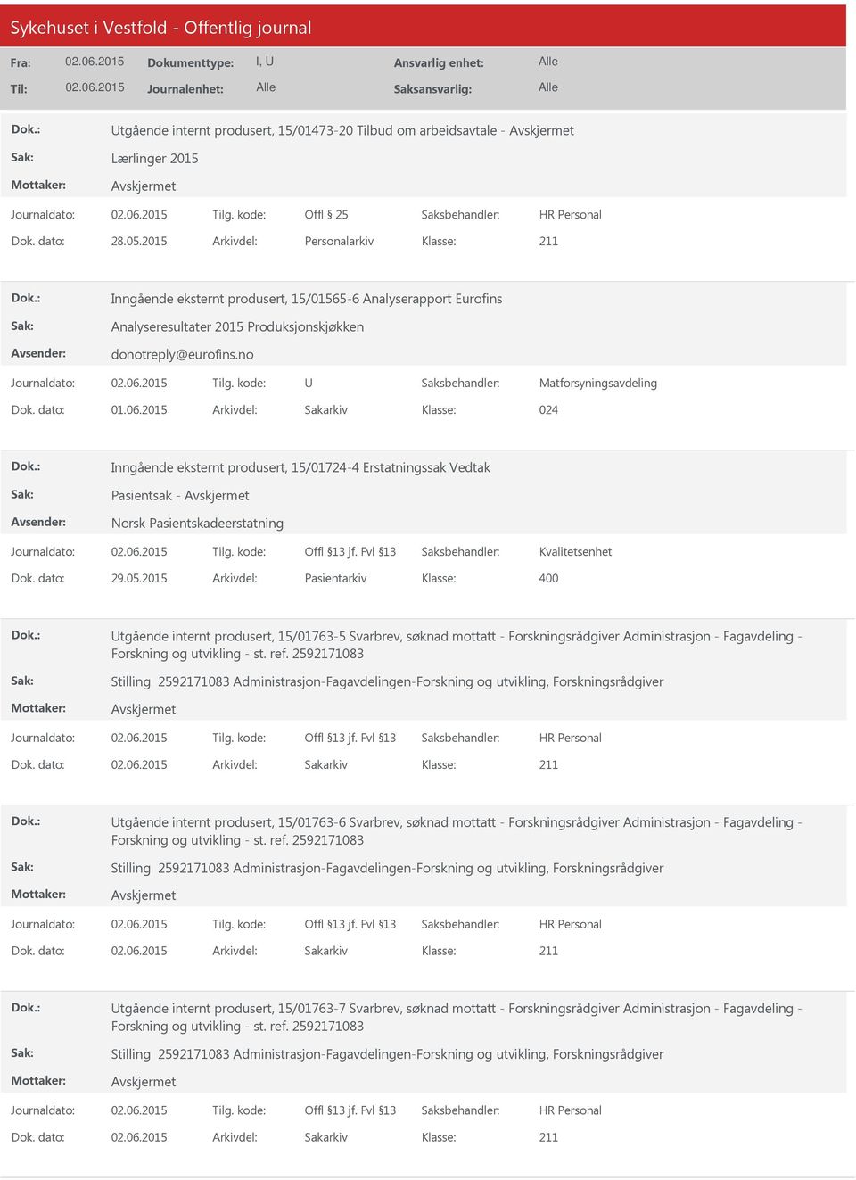 2015 Arkivdel: Sakarkiv 024 Inngående eksternt produsert, 15/01724-4 Erstatningssak Vedtak Pasientsak - Norsk Pasientskadeerstatning Kvalitetsenhet Dok. dato: 29.05.