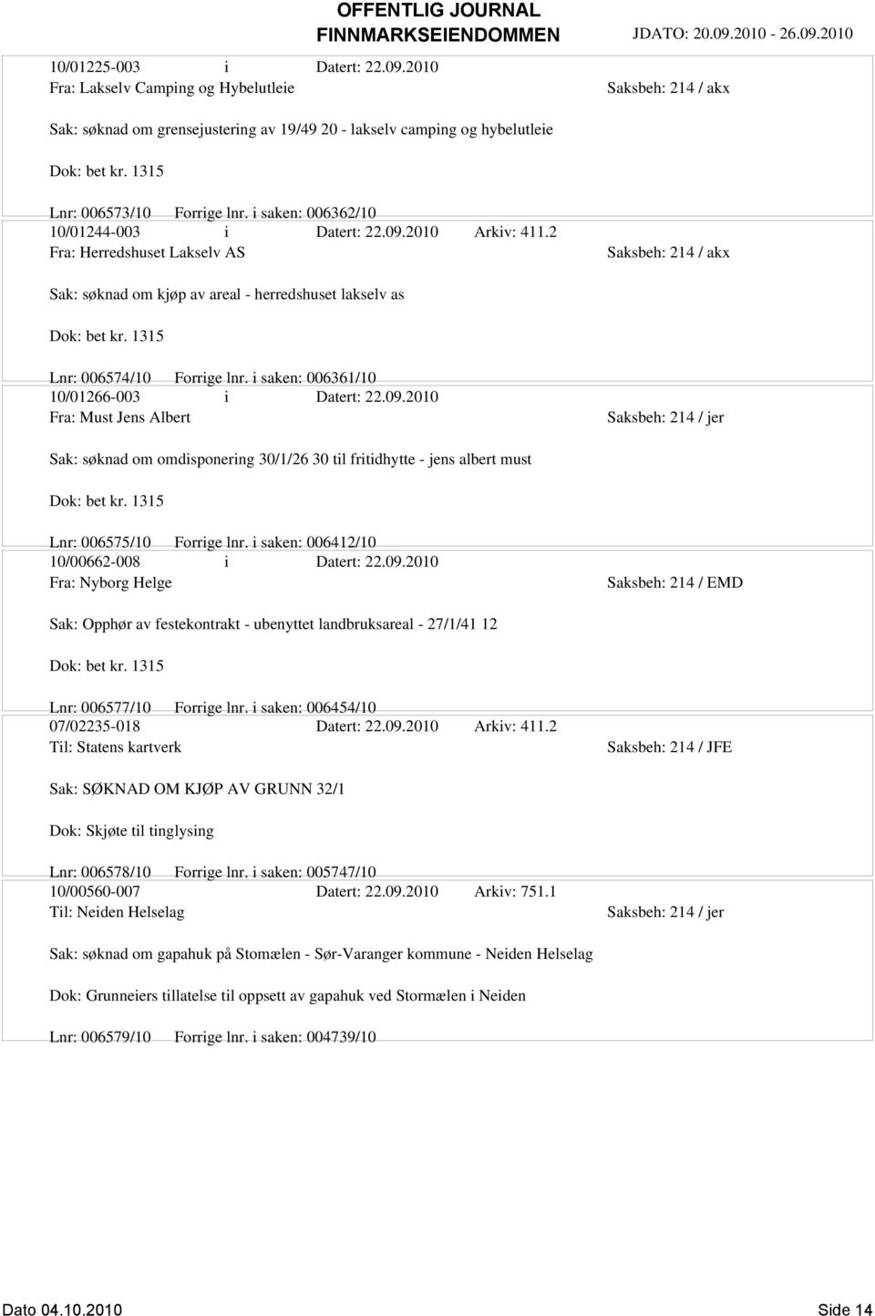 2 Fra: Herredshuset Lakselv AS Saksbeh: 214 / akx Sak: søknad om kjøp av areal - herredshuset lakselv as Dok: bet kr. 1315 Lnr: 006574/10 Forrige lnr. i saken: 006361/10 10/01266-003 i Datert: 22.09.