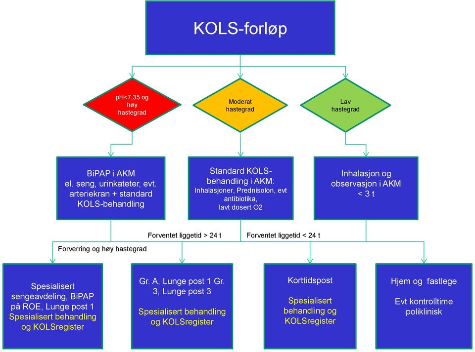 AKM < 3 t Forverring og høy hastegrad Forventet liggetid > 24 t Forventet liggetid < 24 t Ved tvil Spesialisert sengeavdeling, BiPAP på ROE, Lunge post 1