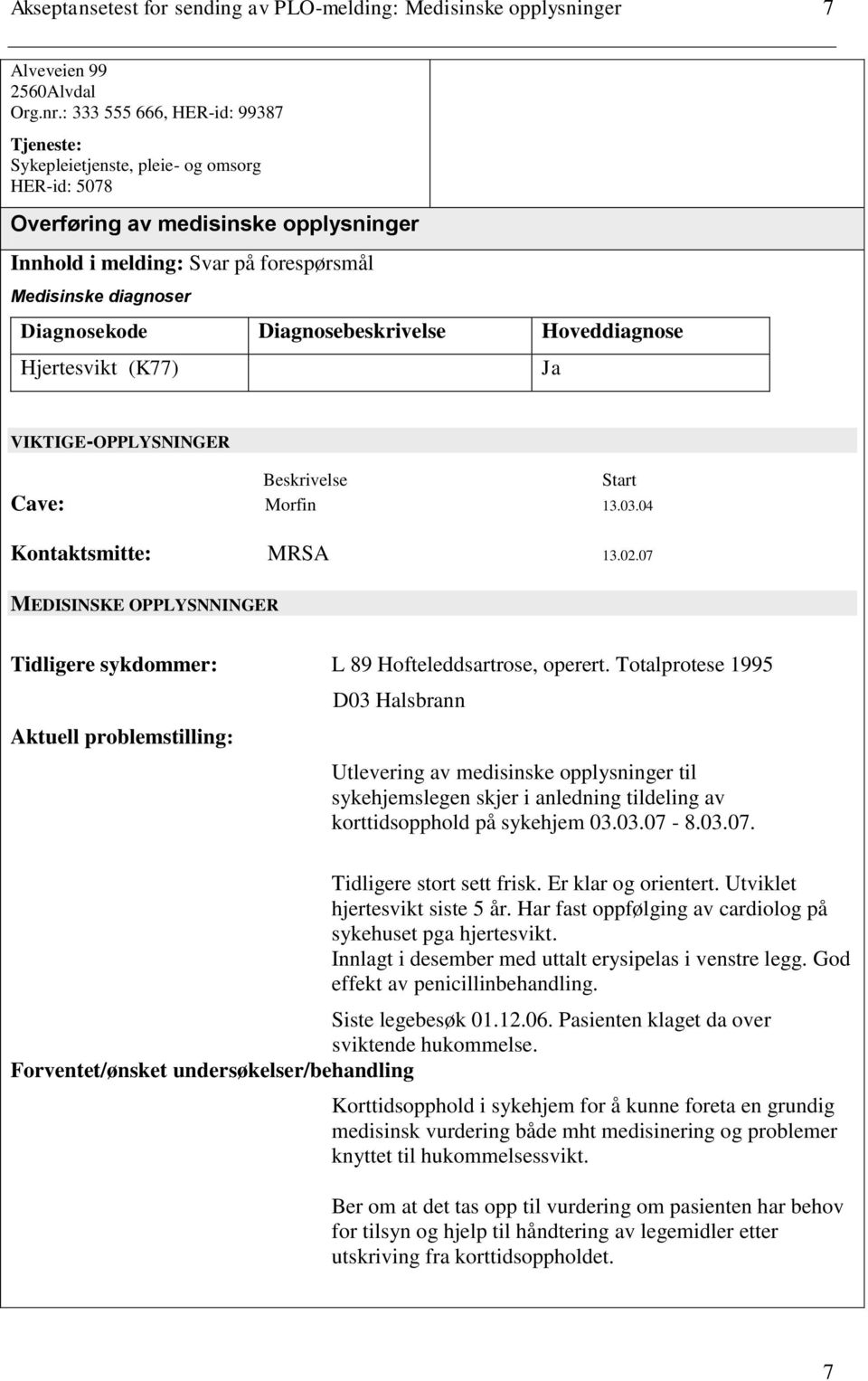 Diagnosebeskrivelse Hoveddiagnose Hjertesvikt (K77) Ja VIKTIGE-OPPLYSNINGER Beskrivelse Start Cave: Morfin 13.03.04 Kontaktsmitte: MRSA 13.02.