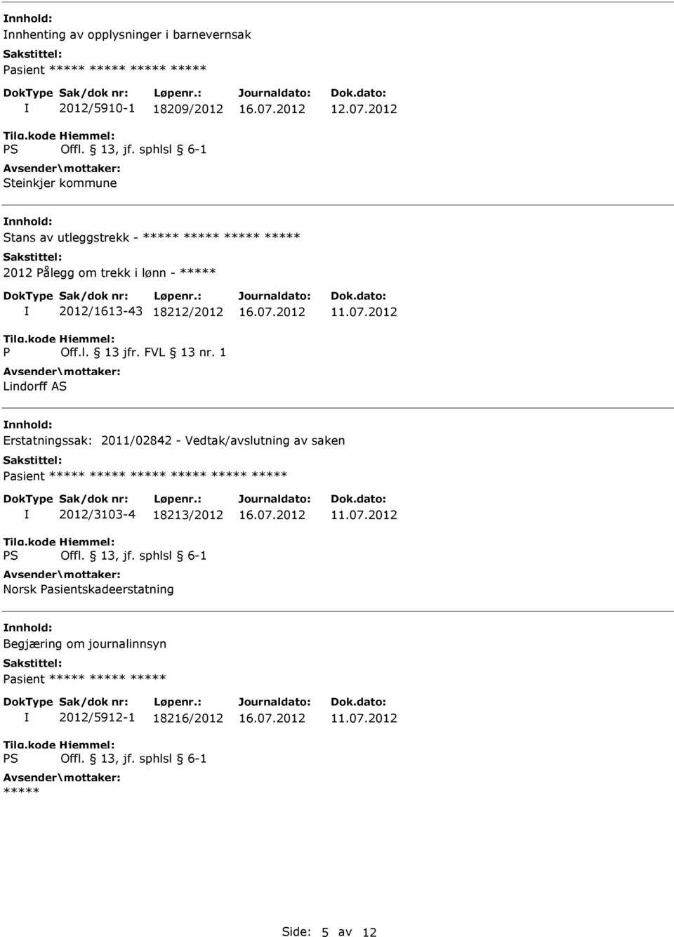 2012 Erstatningssak: 2011/02842 - Vedtak/avslutning av saken ***** ***** 2012/3103-4 18213/2012 Norsk