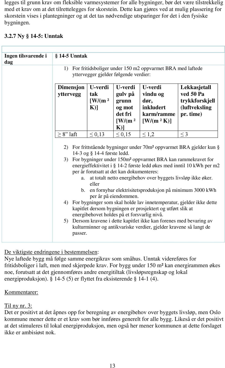 7 14-5: Unntak Ingen tilsvarende i dag 14-5 Unntak 1) For fritidsboliger under 150 m2 oppvarmet BRA med laftede yttervegger gjelder følgende verdier: Dimensjon yttervegg tak gulv på grunn og mot det