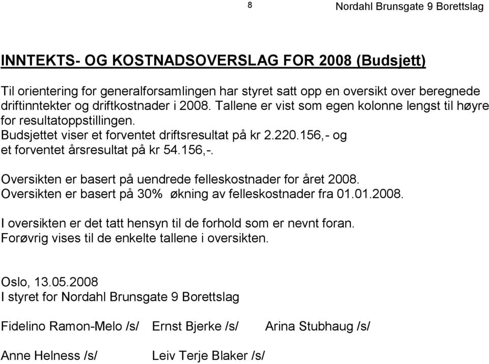 og et forventet årsresultat på kr 54.156,-. Oversikten er basert på uendrede felleskostnader for året 2008. Oversikten er basert på 30% økning av felleskostnader fra 01.01.2008. I oversikten er det tatt hensyn til de forhold som er nevnt foran.