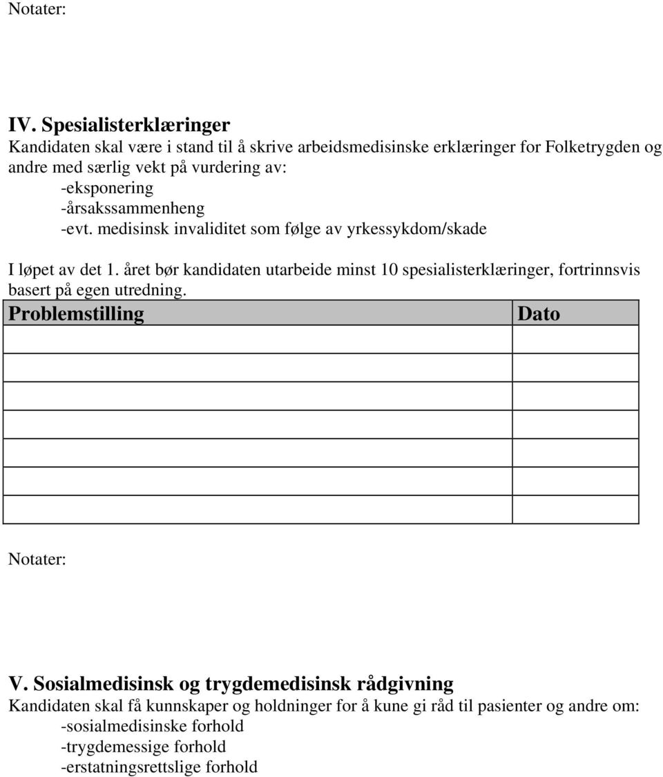 året bør kandidaten utarbeide minst 10 spesialisterklæringer, fortrinnsvis basert på egen utredning. Problemstilling V.