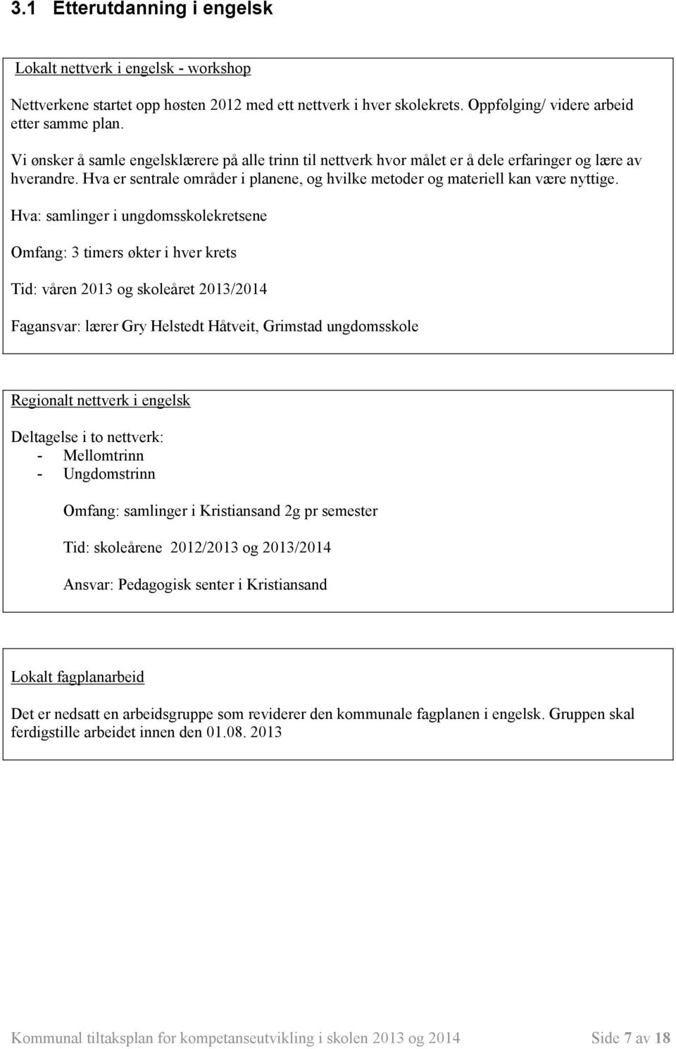 Hva: samlinger i ungdomsskolekretsene Omfang: 3 timers økter i hver krets Tid: våren 2013 og skoleåret 2013/2014 Fagansvar: lærer Gry Helstedt Håtveit, Grimstad ungdomsskole Regionalt nettverk i