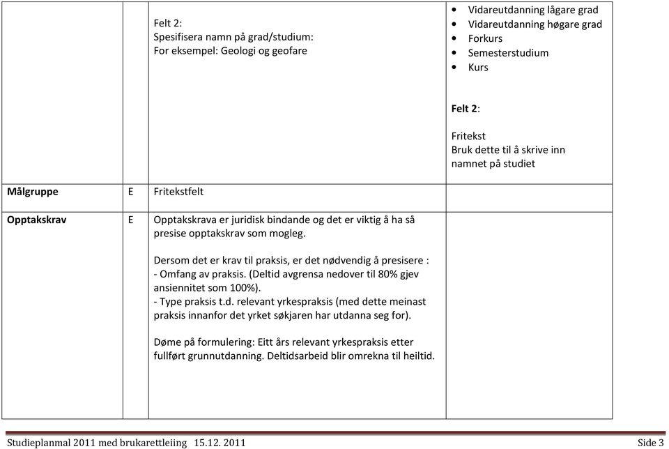 Dersom det er krav til praksis, er det nødvendig å presisere : - Omfang av praksis. (Deltid avgrensa nedover til 80% gjev ansiennitet som 100%). - Type praksis t.d. relevant yrkespraksis (med dette meinast praksis innanfor det yrket søkjaren har utdanna seg for).