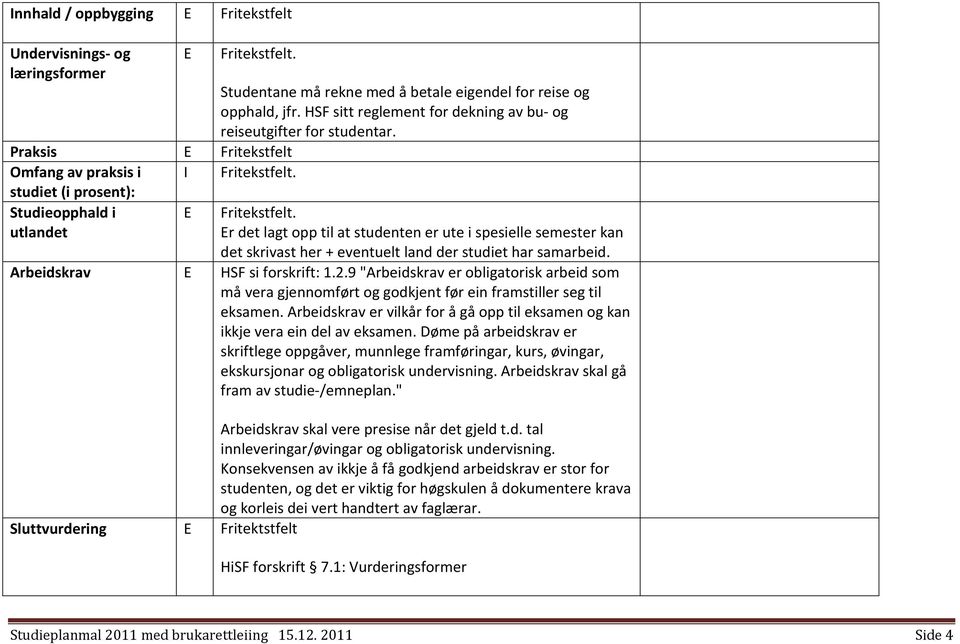 r det lagt opp til at studenten er ute i spesielle semester kan det skrivast her + eventuelt land der studiet har samarbeid. Arbeidskrav HSF si forskrift: 1.2.