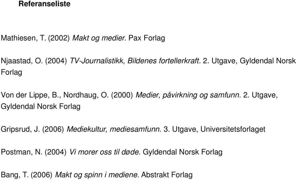 (2000) Medier, påvirkning og samfunn. 2. Utgave, Gyldendal Norsk Forlag Gripsrud, J.
