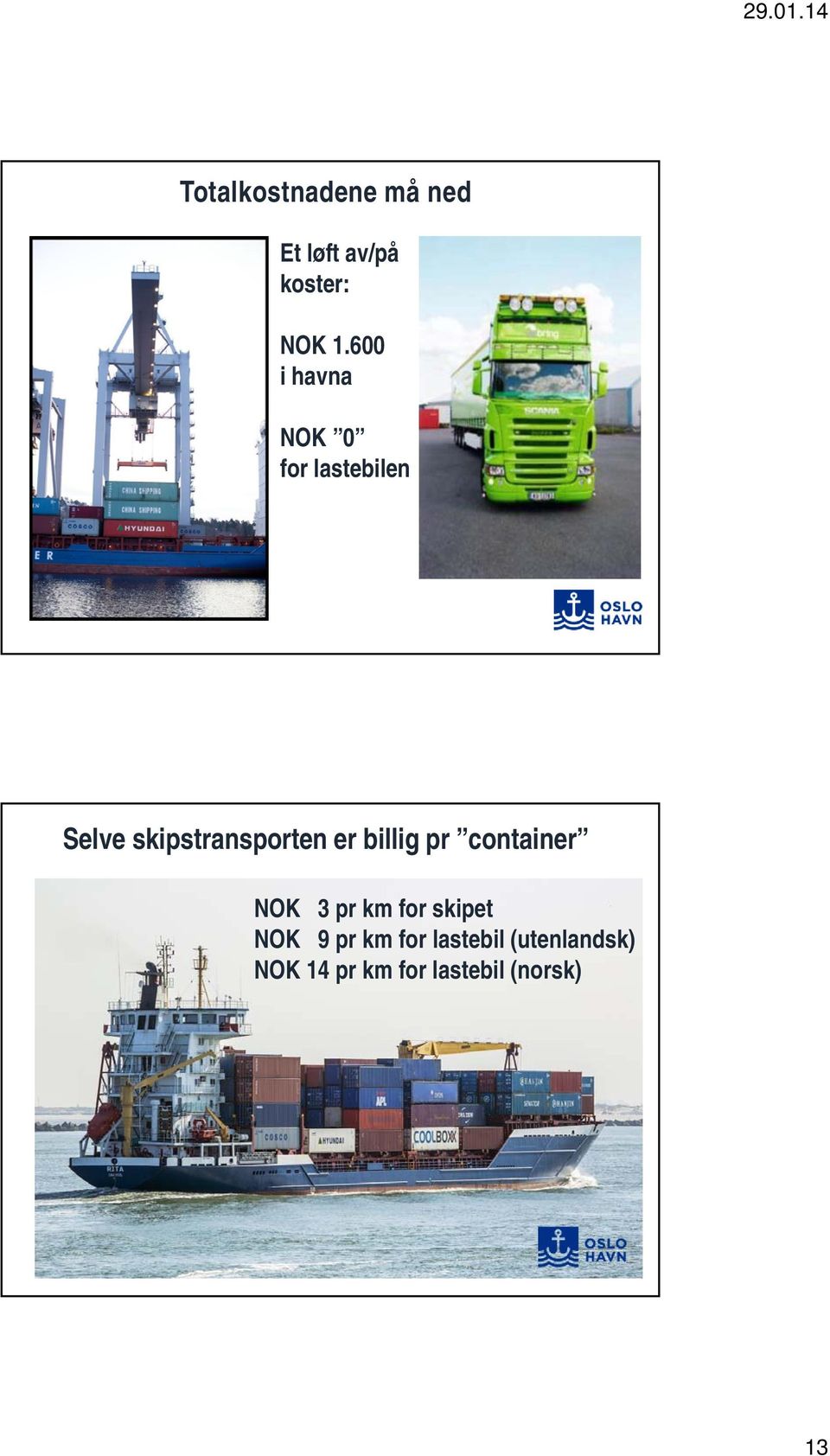 er billig pr container NOK 3 pr km for skipet NOK 9 pr