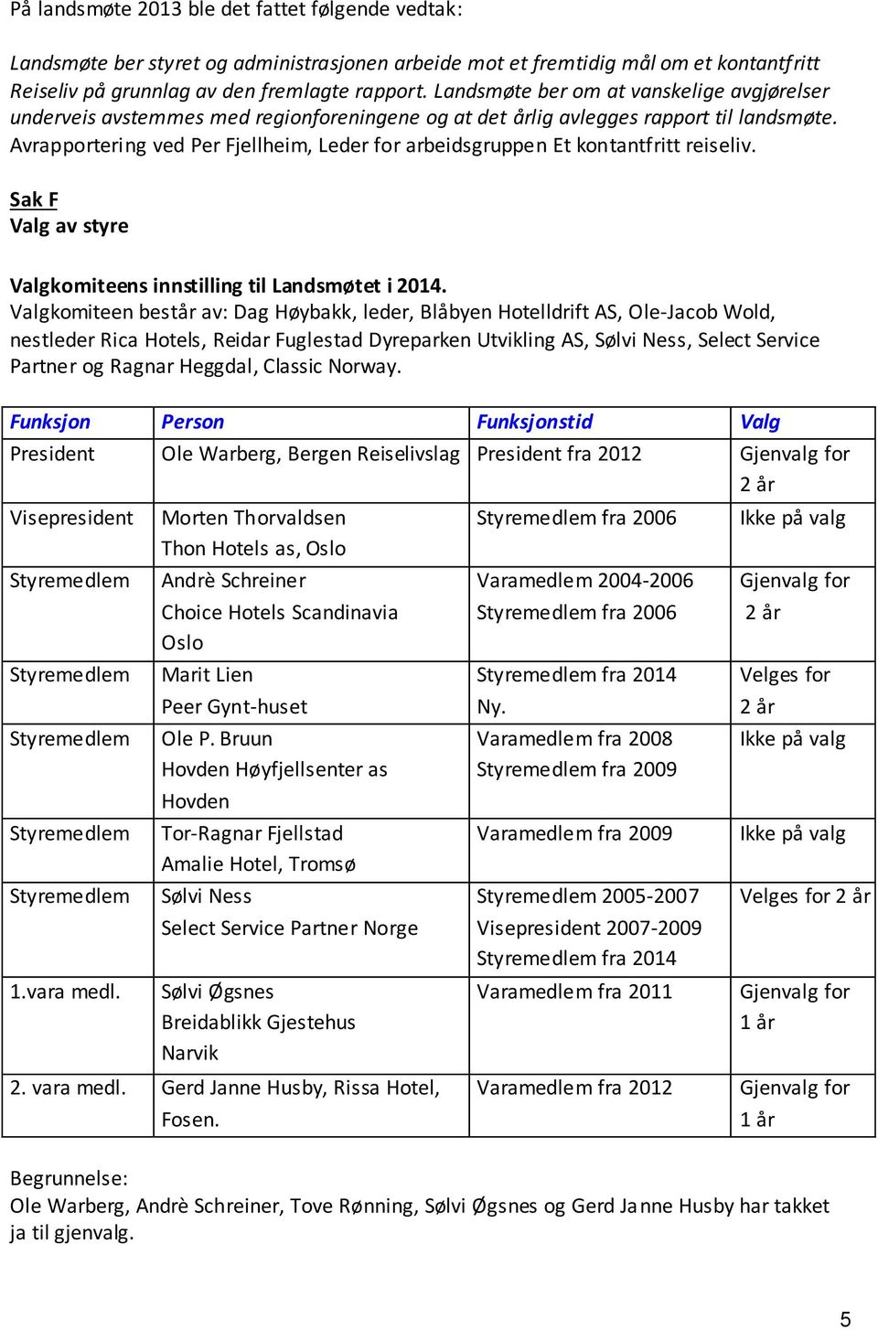 Avrapportering ved Per Fjellheim, Leder for arbeidsgruppen Et kontantfritt reiseliv. Sak F Valg av styre Valgkomiteens innstilling til Landsmøtet i 2014.