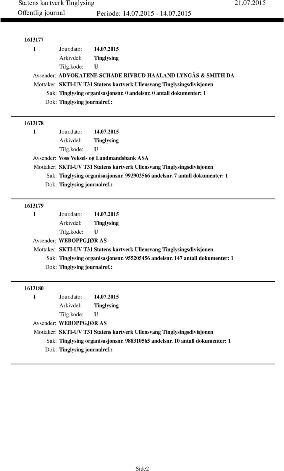 7 antall dokumenter: 1 Dok: journalref.: 1613179 Avsender: WEBOPPGJØR AS Mottaker: SKTI-V T31 Statens kartverk llensvang sdivisjonen Sak: organisasjonsnr. 955205456 andelsnr.