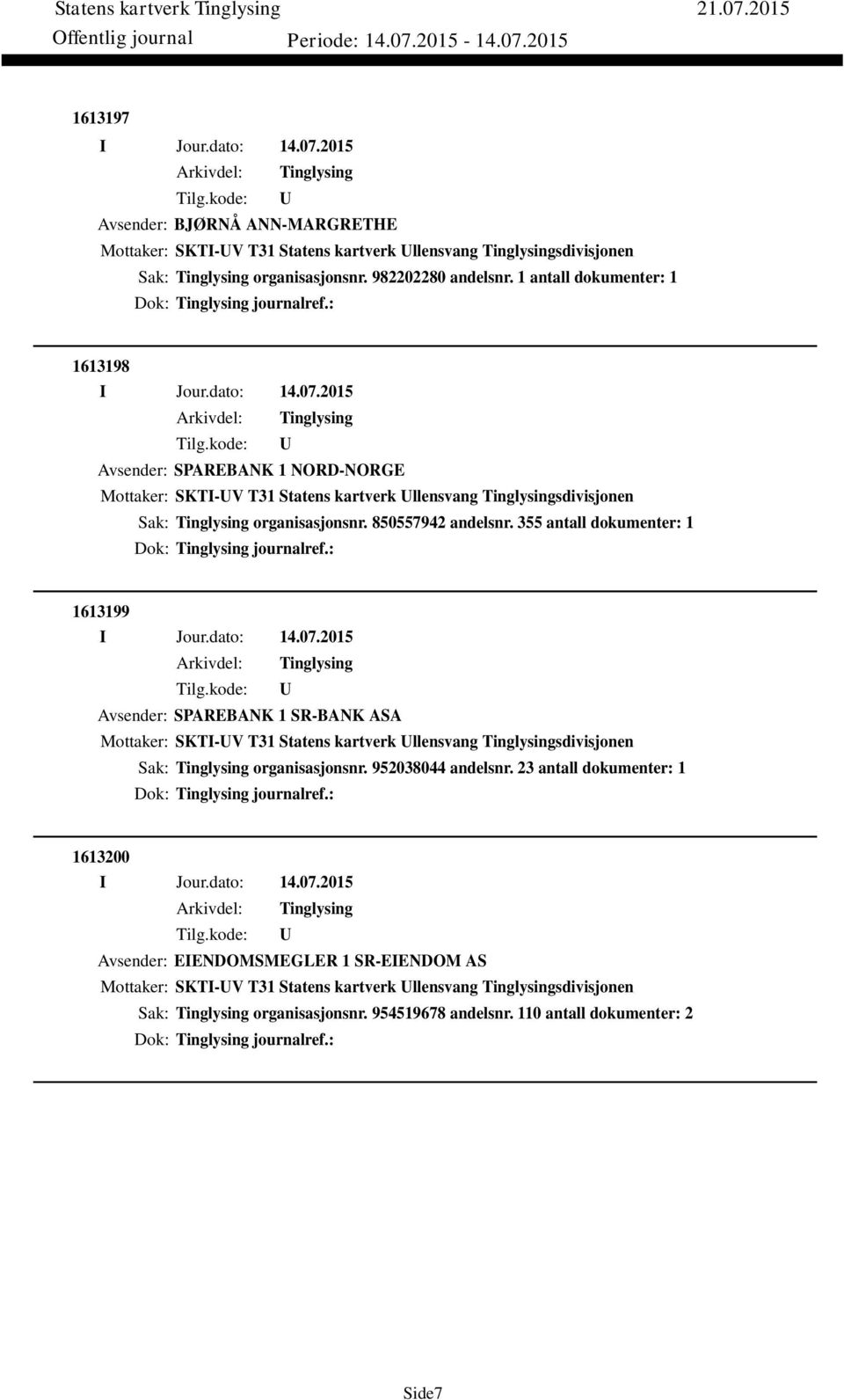 355 antall dokumenter: 1 Dok: journalref.: 1613199 Avsender: SPAREBANK 1 SR-BANK ASA Mottaker: SKTI-V T31 Statens kartverk llensvang sdivisjonen Sak: organisasjonsnr. 952038044 andelsnr.