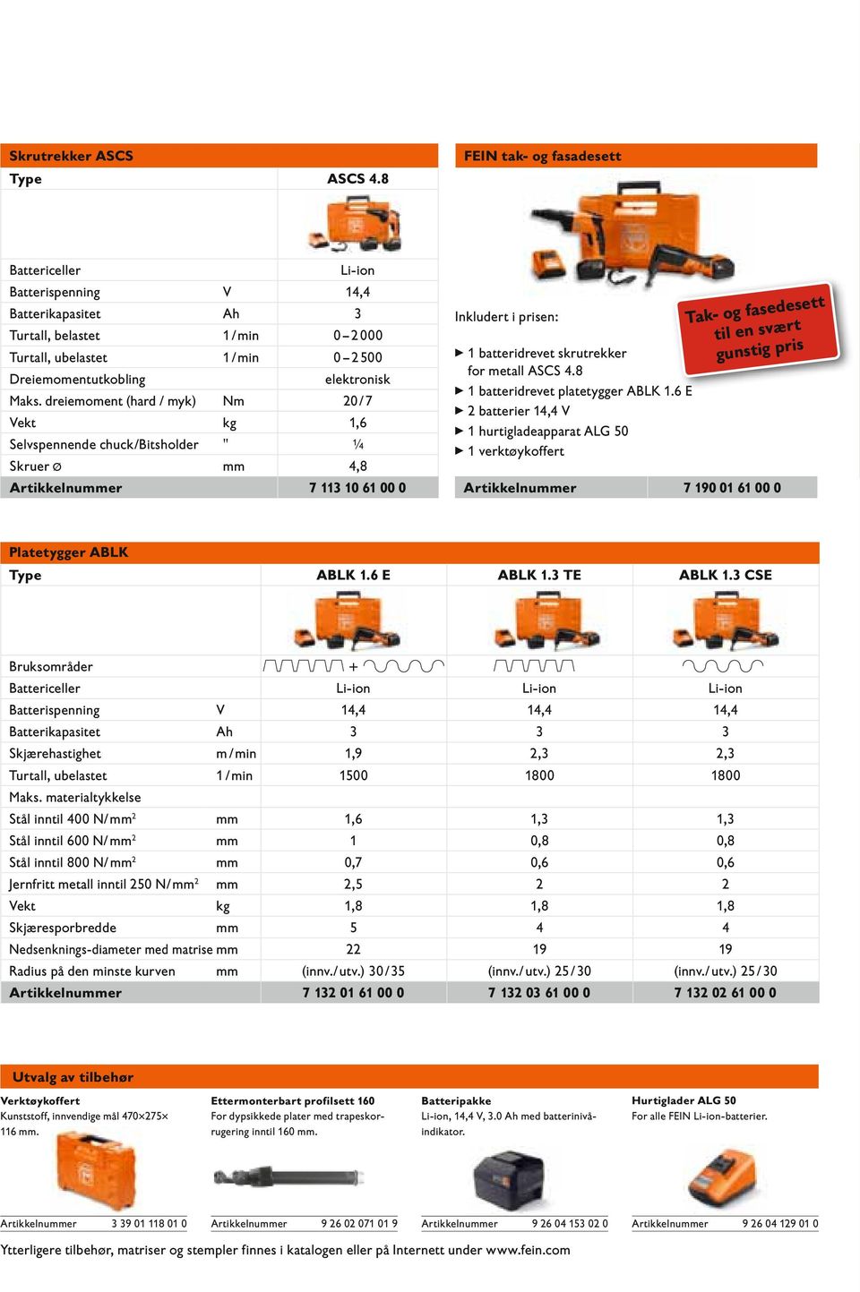 dreiemoment (hard / myk) Nm 20 / 7 Vekt kg 1,6 Selvspennende chuck/bitsholder " ¼ Skruer Ø mm 4,8 Artikkelnummer 7 113 10 61 00 0 Inkludert i prisen: 1 batteridrevet skrutrekker for metall ASCS 4.