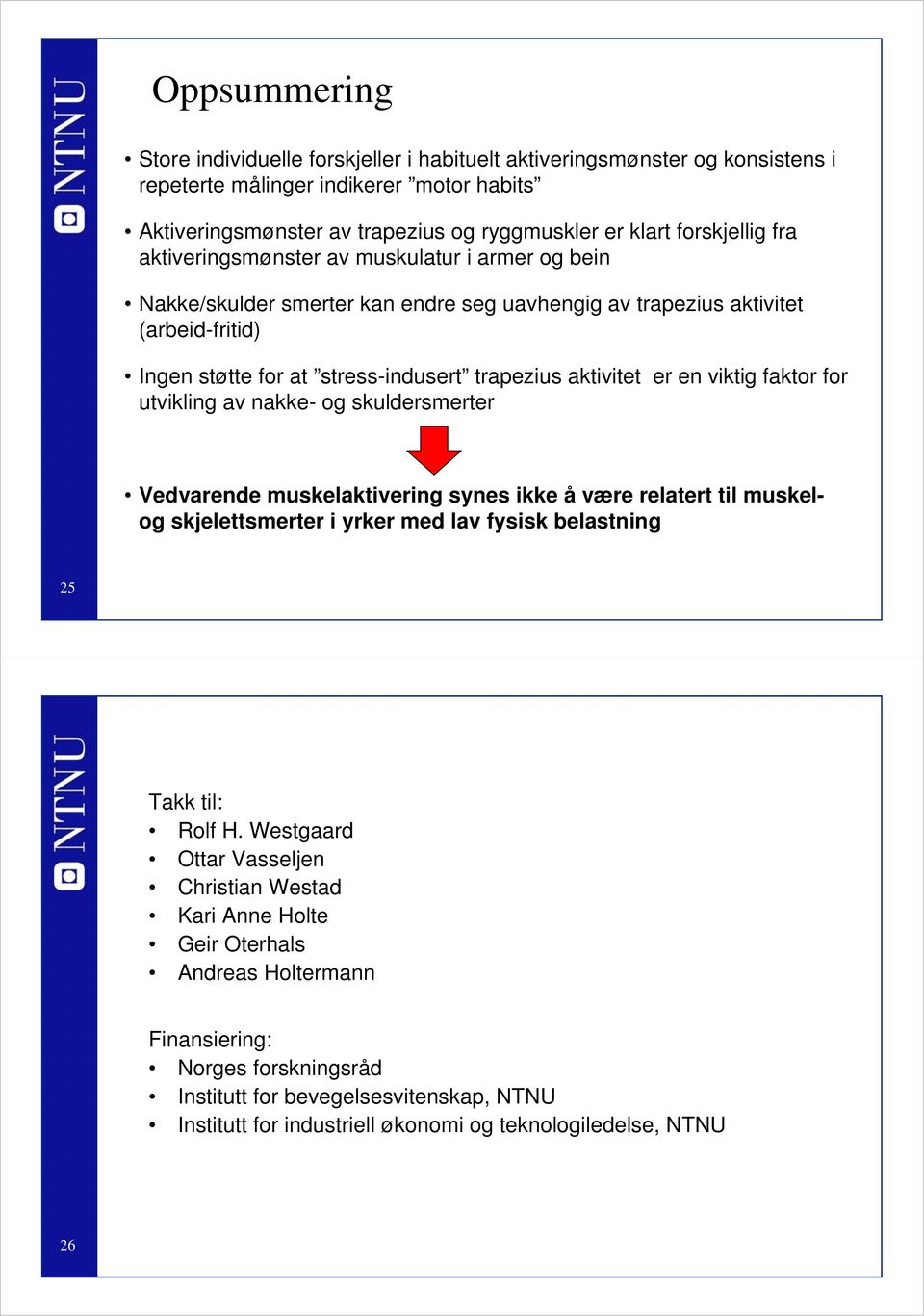 aktivitet er en viktig faktor for utvikling av nakke- og skuldersmerter Vedvarende muskelaktivering synes ikke å være relatert til muskelog skjelettsmerter i yrker med lav fysisk belastning 25 Takk