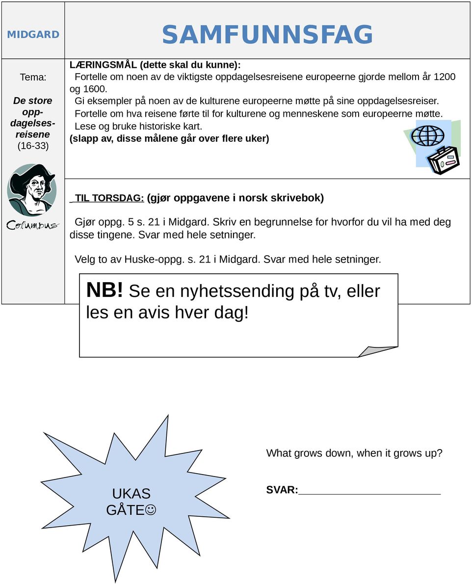 Lese og bruke historiske kart. (slapp av, disse målene går over flere uker) TIL TORSDAG: (gjør oppgavene i norsk skrivebok) Gjør oppg. 5 s. 21 i Midgard.