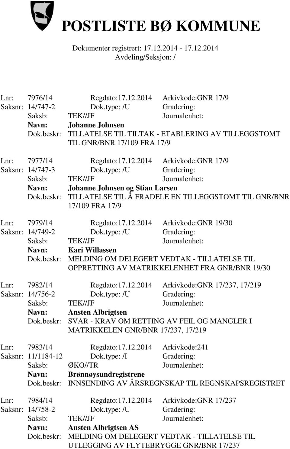 type: /U Gradering: Navn: Johanne Johnsen og Stian Larsen Dok.beskr: TILLATELSE TIL Å FRADELE EN TILLEGGSTOMT TIL GNR/BNR 17/109 FRA 17/9 Lnr: 7979/14 Regdato:17.12.