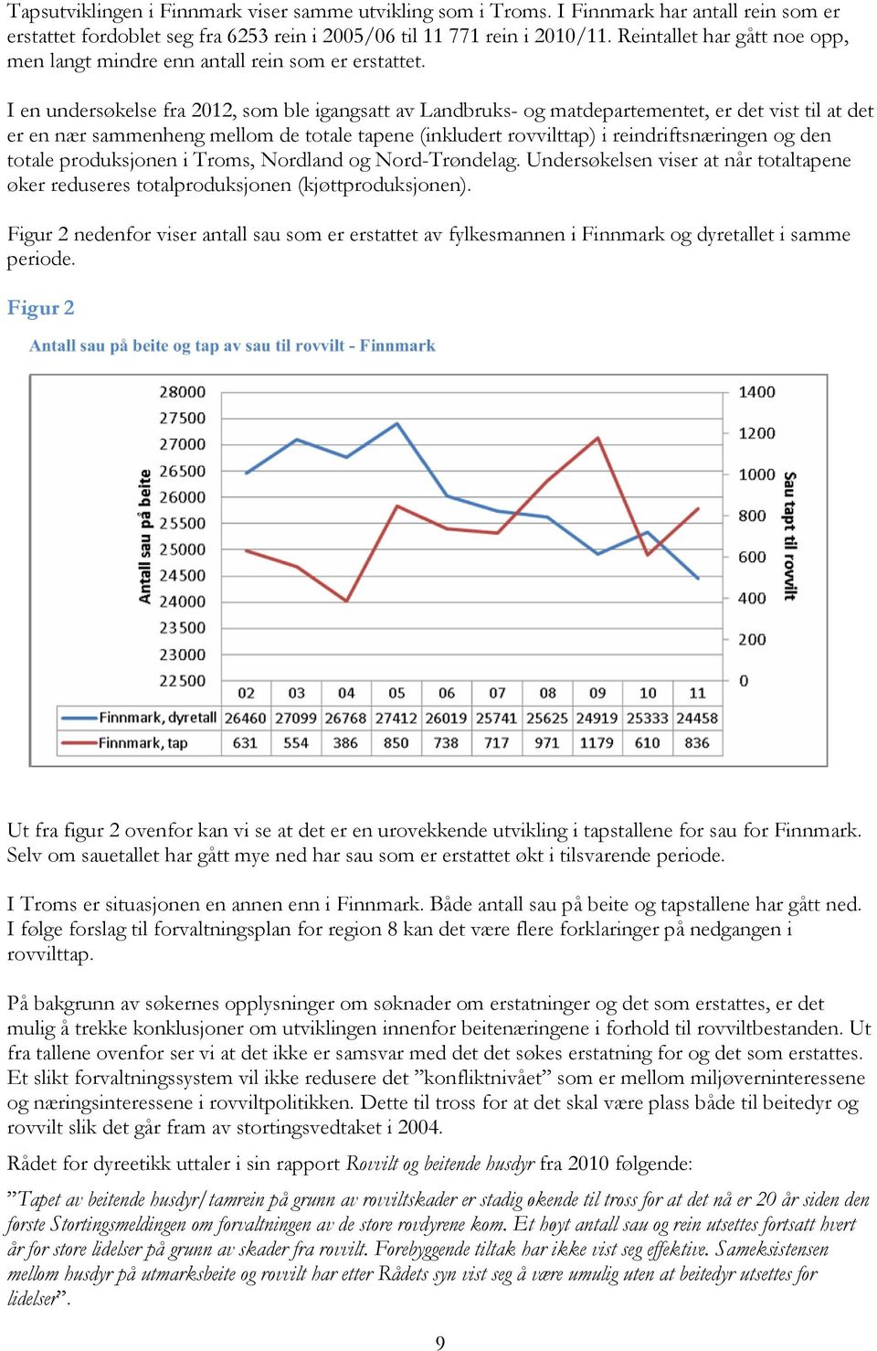 I en undersøkelse fra 2012, som ble igangsatt av Landbruks- og matdepartementet, er det vist til at det er en nær sammenheng mellom de totale tapene (inkludert rovvilttap) i reindriftsnæringen og den