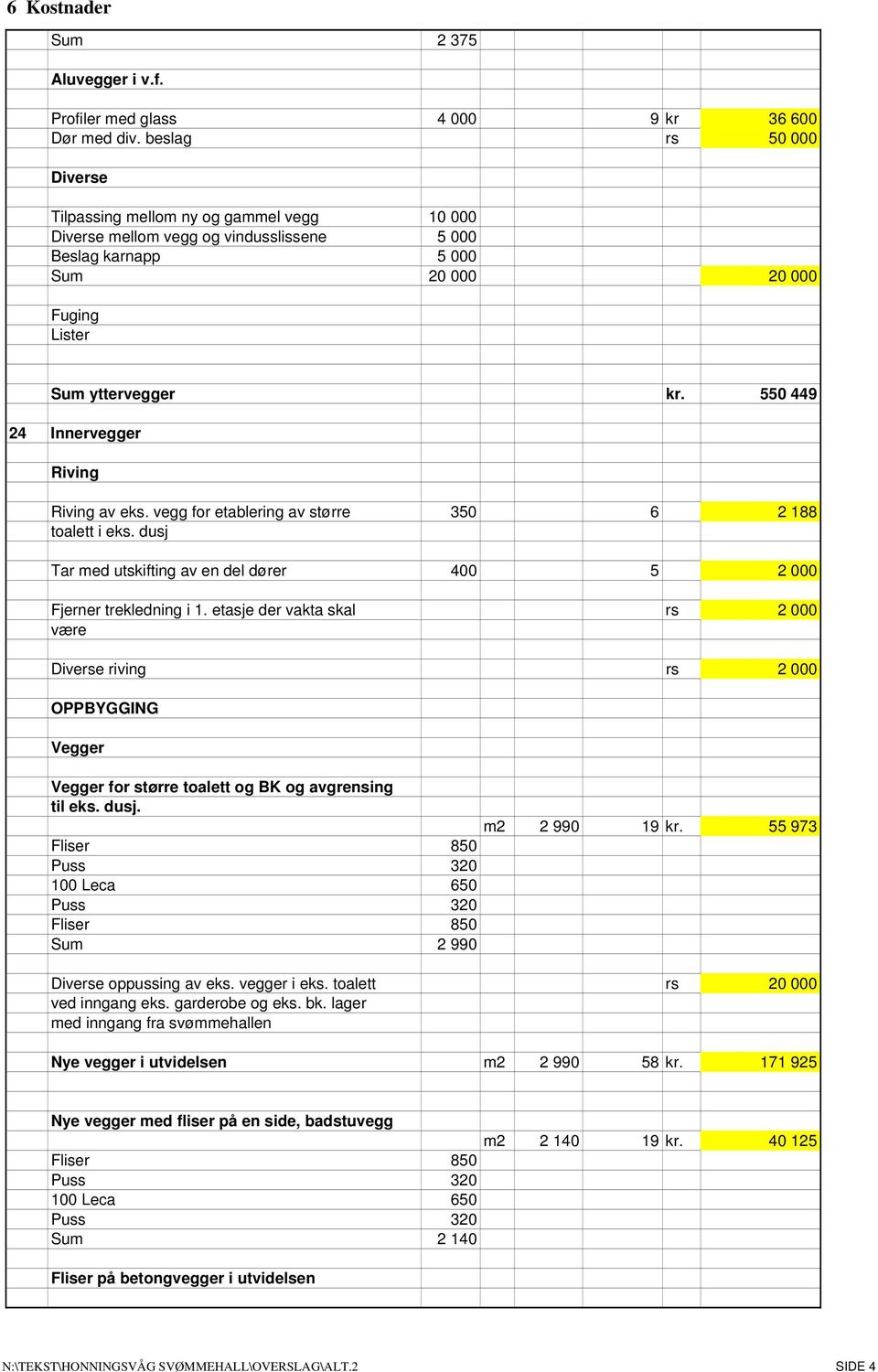550 449 24 Innervegger Riving Riving av eks. vegg for etablering av større 350 6 2 188 toalett i eks. dusj Tar med utskifting av en del dører 400 5 2 000 Fjerner trekledning i 1.