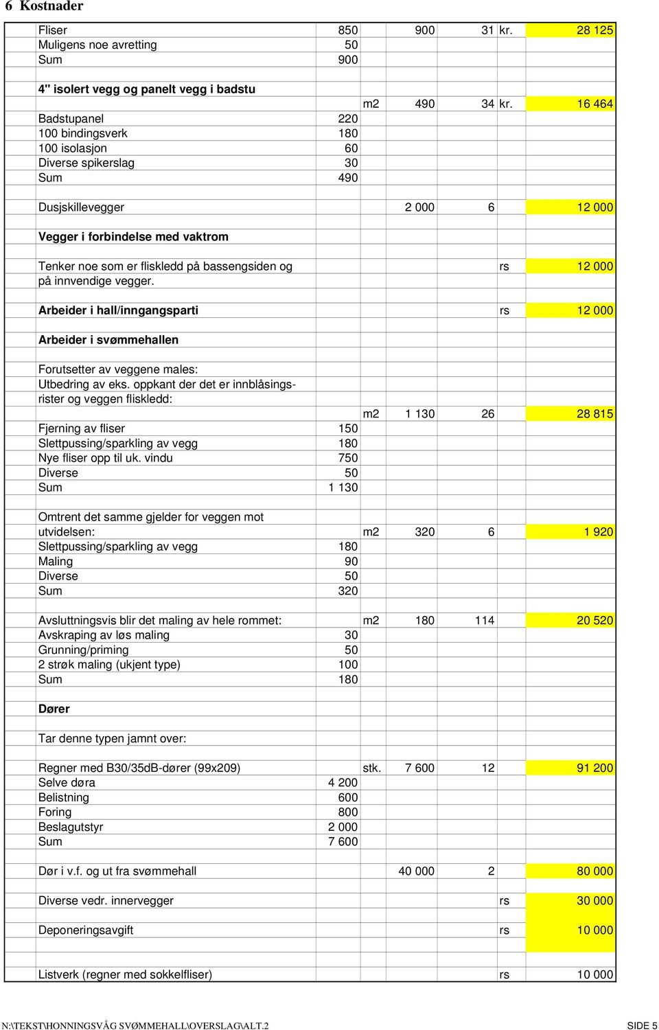 Arbeider i hall/inngangsparti rs 12 000 Arbeider i svømmehallen Forutsetter av veggene males: Utbedring av eks.